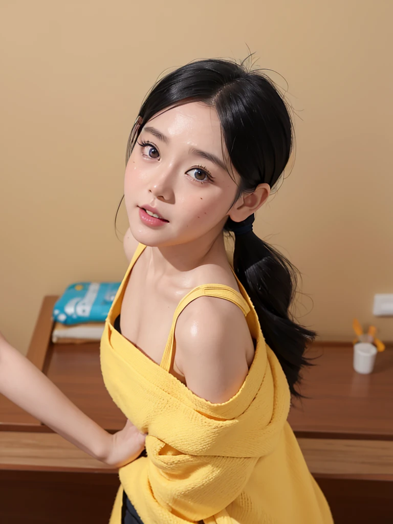 Korean girl, black hair, older sister, tie her hair in a ponytail and laugh at the narrator, high-quality picture, masterpiece, beautiful girl, cafe, seductive,