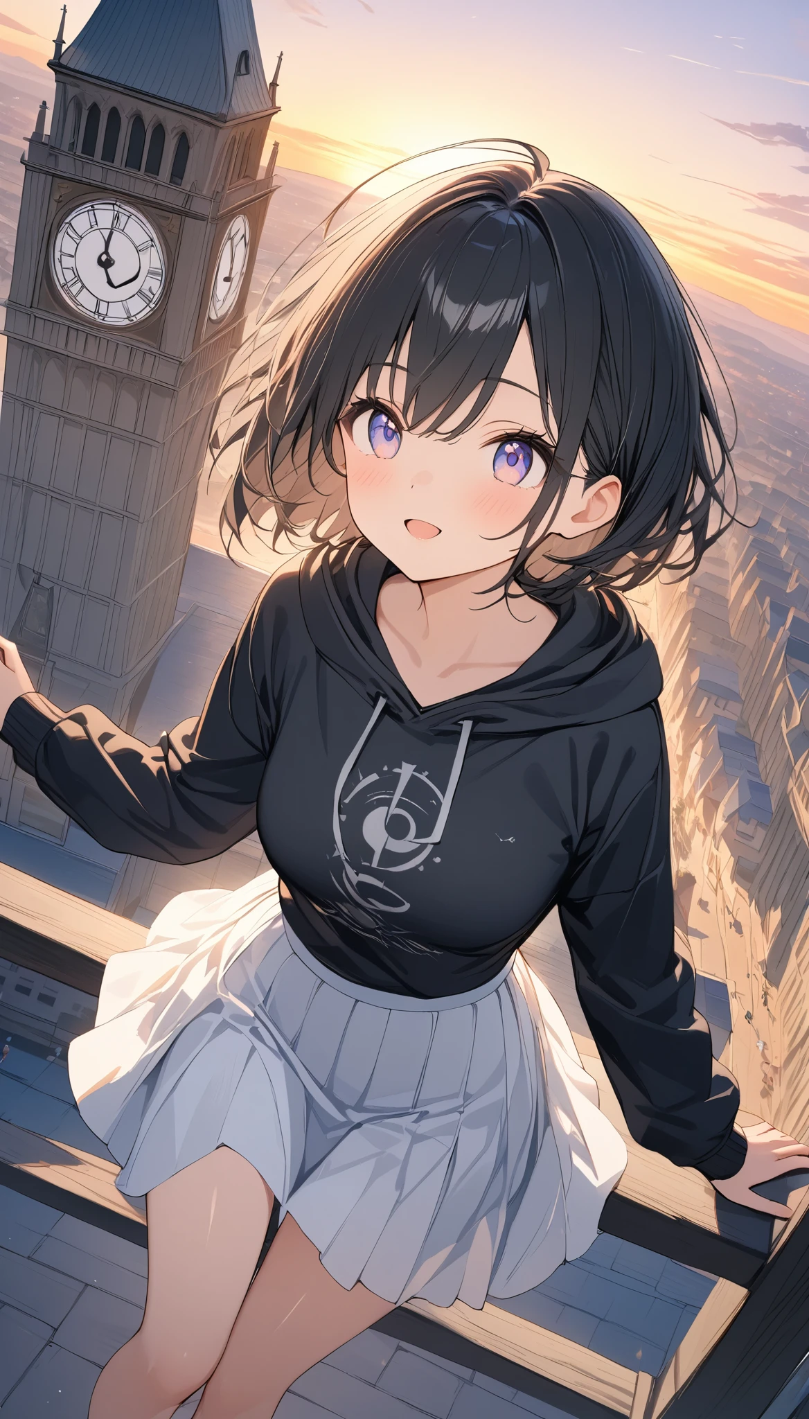 anime、((Amazingly absurd)),(masterpiece:1.2),超High resolution, Attention to detail, high quality, High resolution, 最high quality, 4K, 8k、Black Hair、Short Hair、Black hoodie、White Skirt、The sunset is dazzling、evening、Looking up at the clock tower、Bell on top of the clock tower