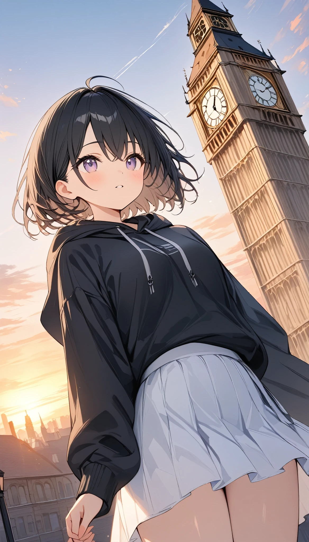 anime、((Amazingly absurd)),(masterpiece:1.2),超High resolution, Attention to detail, high quality, High resolution, 最high quality, 4K, 8k、Black Hair、Short Hair、Black hoodie、White Skirt、The sunset is dazzling、evening、Looking up at the clock tower、Bell on top of the clock tower