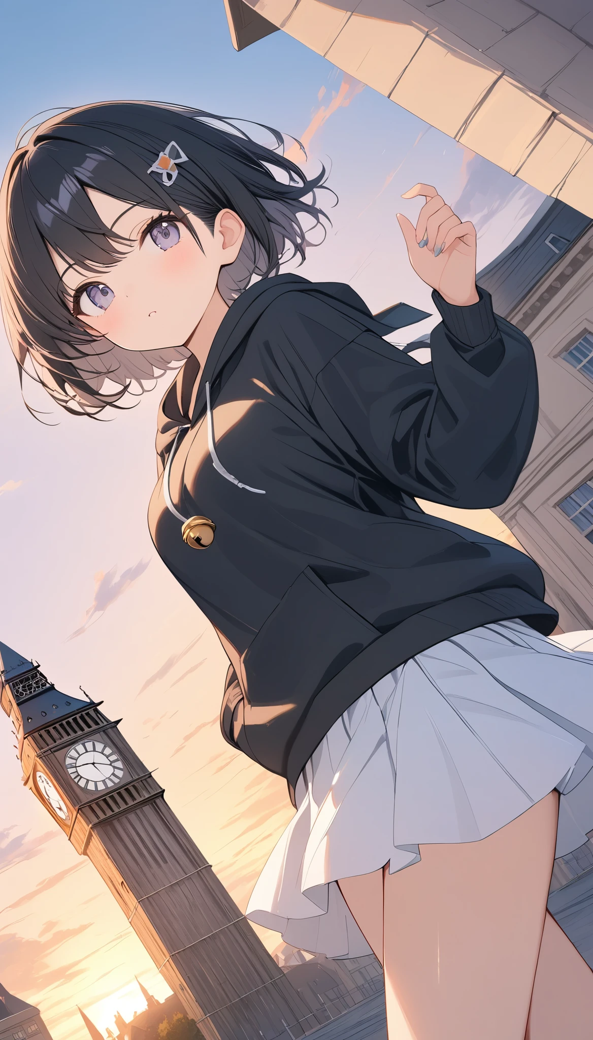 anime、((Amazingly absurd)),(masterpiece:1.2),超High resolution, Attention to detail, high quality, High resolution, 最high quality, 4K, 8k、Black Hair、Short Hair、Black hoodie、White Skirt、The sunset is dazzling、evening、Looking up at the clock tower、Bell on top of the clock tower