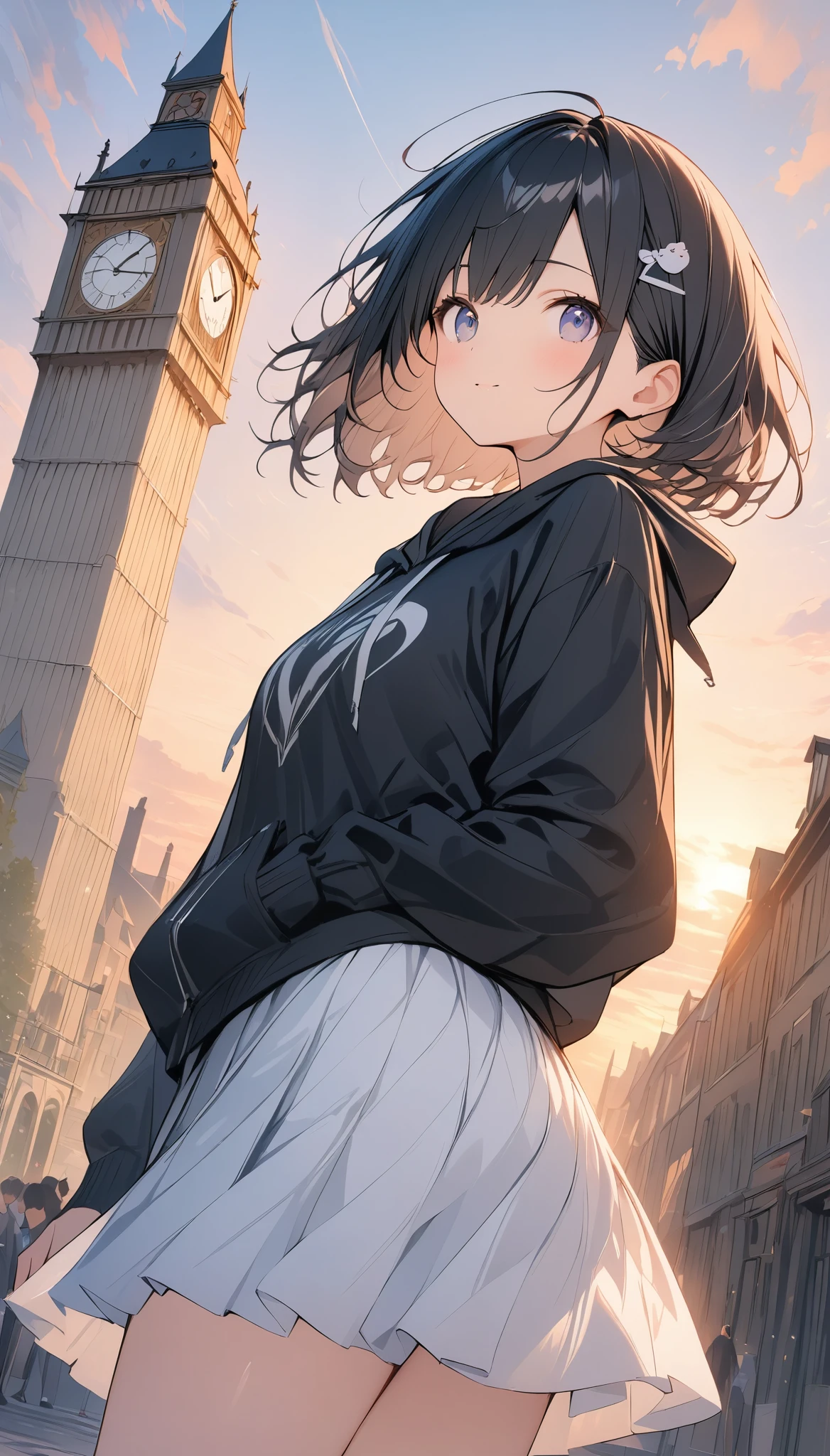 anime、((Amazingly absurd)),(masterpiece:1.2),超High resolution, Attention to detail, high quality, High resolution, 最high quality, 4K, 8k、Black Hair、Short Hair、Black hoodie、White Skirt、The sunset is dazzling、evening、Looking up at the clock tower、Bell on top of the clock tower