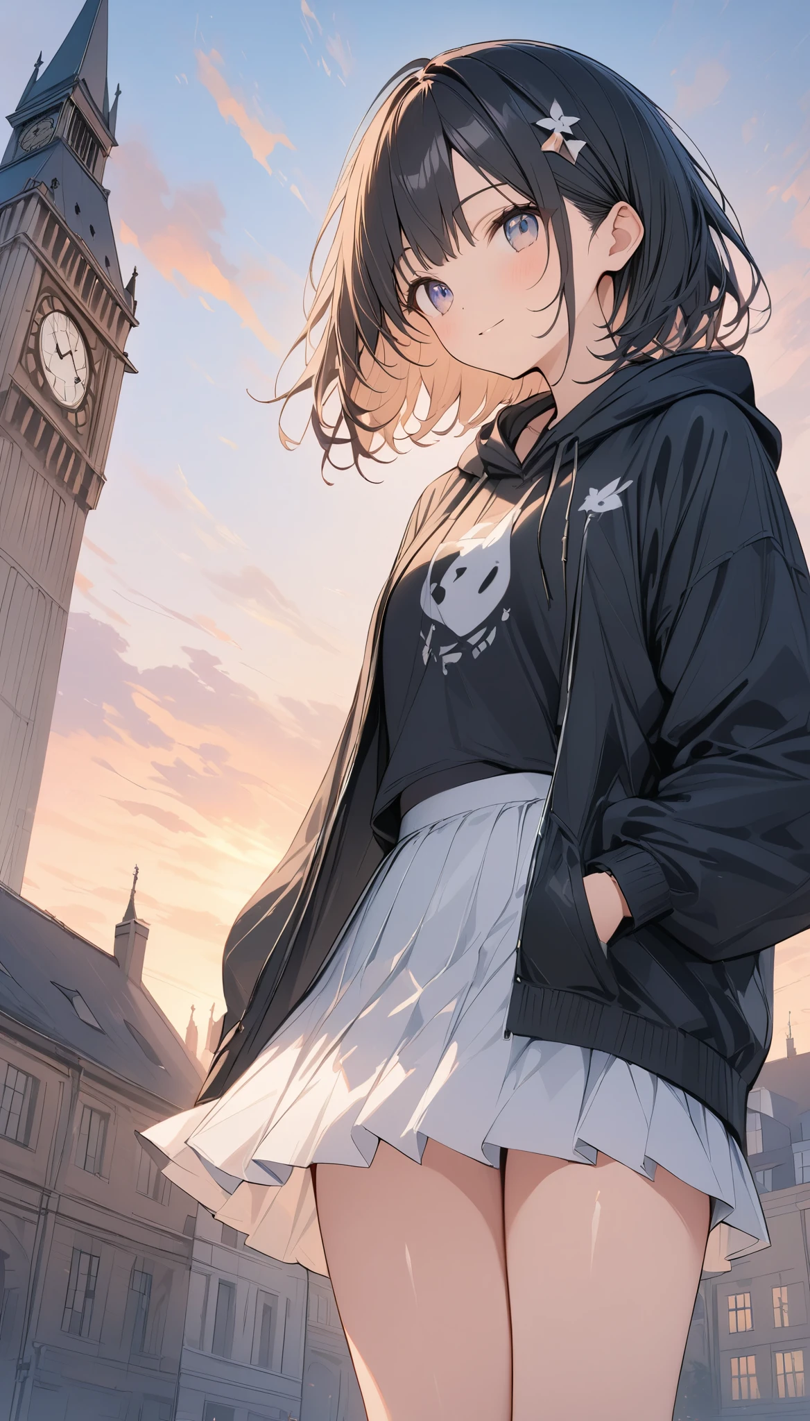 anime、((Amazingly absurd)),(masterpiece:1.2),超High resolution, Attention to detail, high quality, High resolution, 最high quality, 4K, 8k、Black Hair、Short Hair、Black hoodie、White Skirt、The sunset is dazzling、evening、Looking up at the clock tower、Bell on top of the clock tower