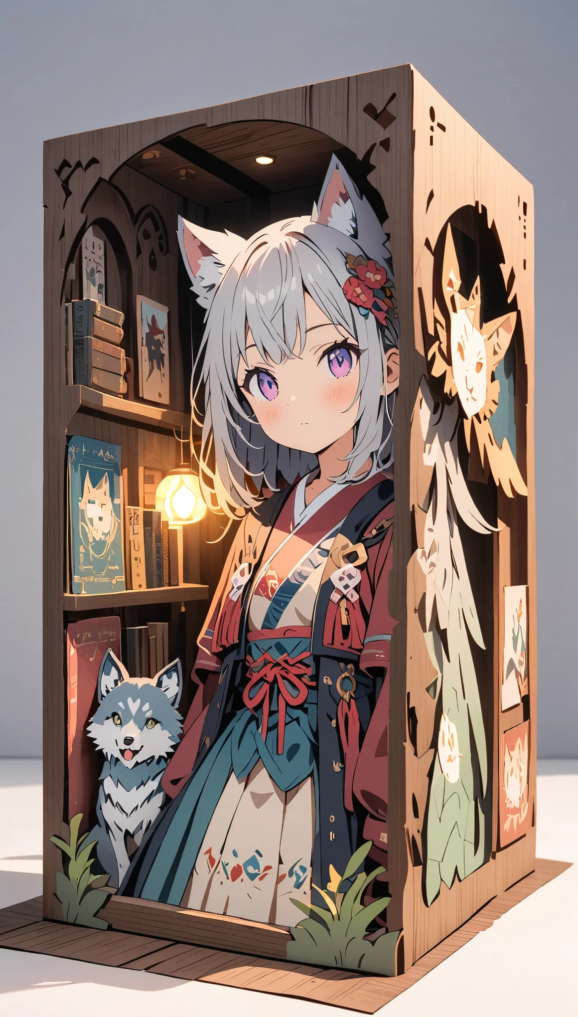 (masterpiece:1.2), (Best Quality:1.2), Ultra-high resolution, Very detailed, Perfect lighting, Wolf Girl, Gray Hair, National Costume, Otherworldly fantasy, cute, Tilt your head, Pastel colors, Paper cutting art,Flat paper cutout, Paper Art, Paper Quilt, Digital Art,Anime style illustration,Anime illustration, White background, PAPERCUT, book nook