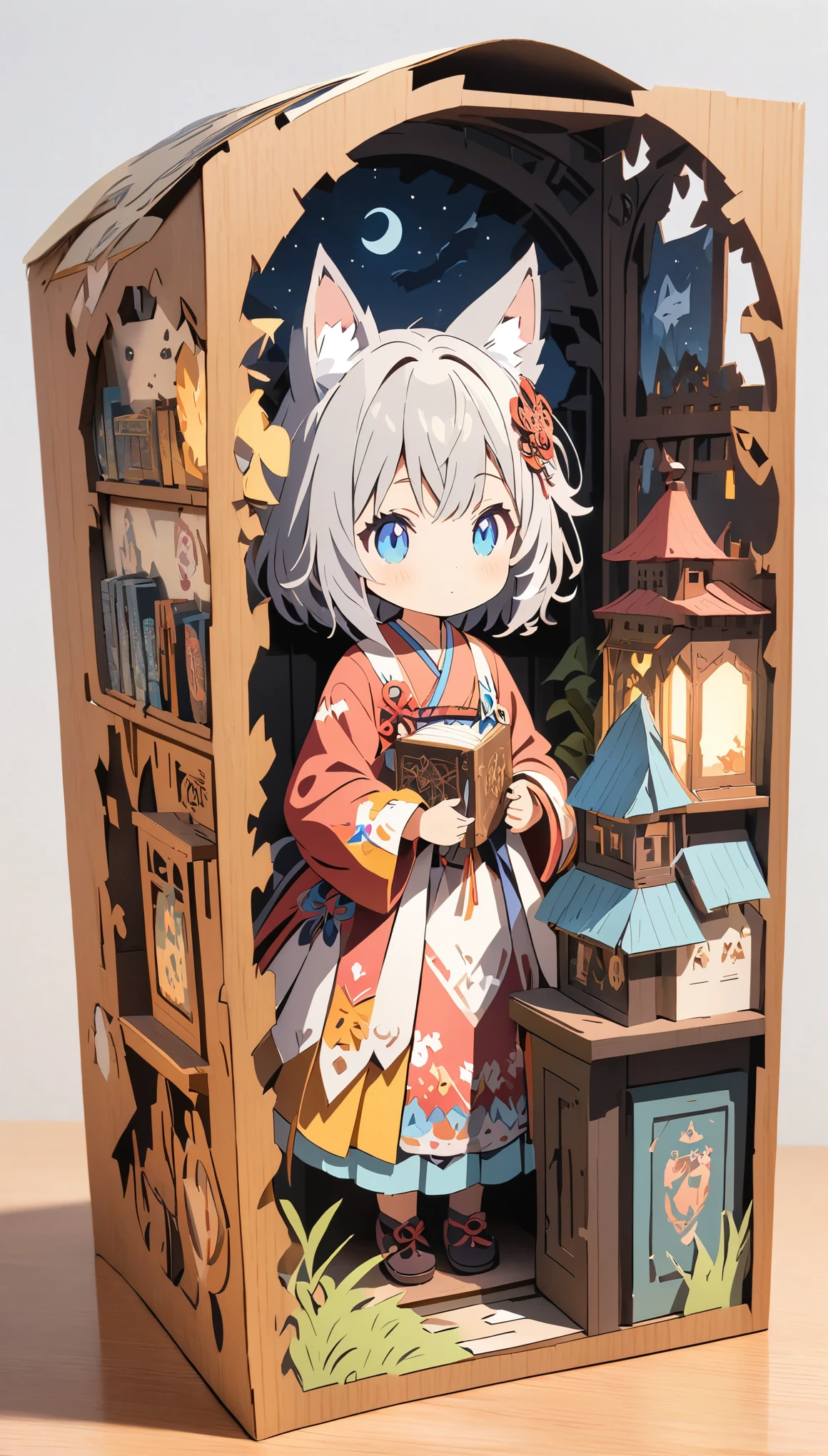 (masterpiece:1.2), (Best Quality:1.2), Ultra-high resolution, Very detailed, Perfect lighting, Wolf Girl, Gray Hair, National Costume, Otherworldly fantasy, cute, Tilt your head, Pastel colors, Paper cutting art,Flat paper cutout, Paper Art, Paper Quilt, Digital Art,Anime style illustration,Anime illustration, White background, PAPERCUT, book nook