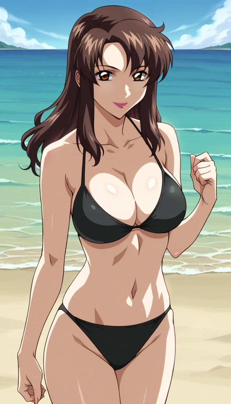 score_9, score_8_up, score_7_up, source_anime, BREAK fullbody shot, Murrue, 1girl, solo, brown hair, brown eyes, lipstick, long hair, looking at viewer, smiling, large breasts, black bikini, cleavage, standing, dynamic pose, on beach