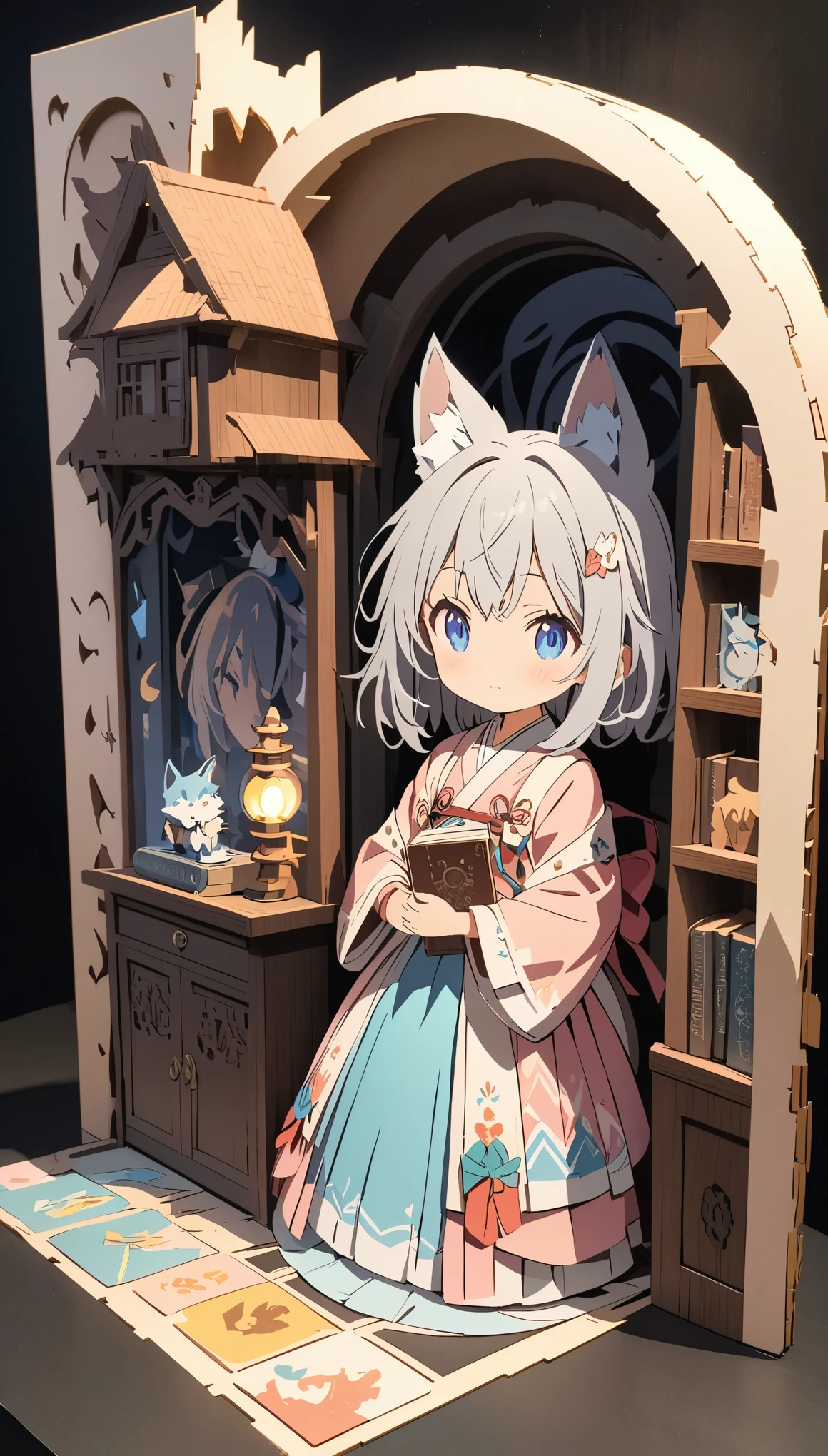 (masterpiece:1.2), (Best Quality:1.2), Ultra-high resolution, Very detailed, Perfect lighting, Wolf Girl, Gray Hair, National Costume, Otherworldly fantasy, cute, Pastel colors, Paper cutting art,Flat paper cutout, Paper Quilt, Anime style illustration,Anime illustration, PAPERCUT, book nook