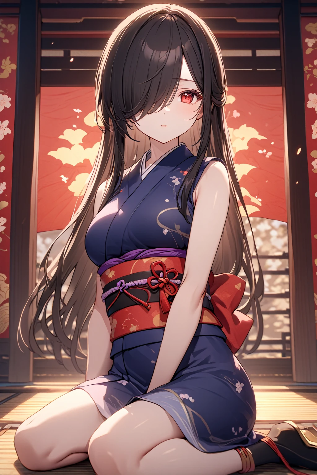 Eye Level Shot, 1girl, Solo, Looking at viewer, Shy, Cute, Red Eyes, Empty Eyes, Expressionless Eyes, Black Hair, Ponytail, Very Long Hair, Straight Hair, ((Hair Over One Eye, Swept Bangs:1.5)), Petite, good_hands, Large breasts, Pale Skinned, Slender, Curvy, ninja, sleeveless, obi, japanese clothes, (Wariza:1.5), Japanese Background, Cinematic Lighting, Masterpiece, 4K, Best Quality, High Resolution, Accurate, Award Winning, (SuperQuality:1.0) ~ (SuperQuality:1.2)