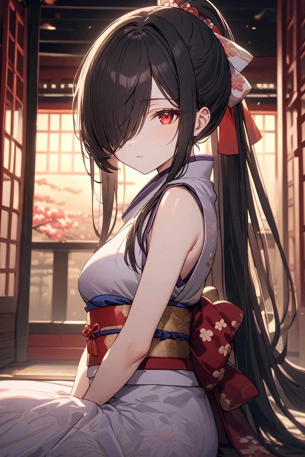 Eye Level Shot, 1girl, Solo, Looking at viewer, Shy, Cute, Red Eyes, Empty Eyes, Expressionless Eyes, Black Hair, Ponytail, Very Long Hair, Straight Hair, ((Hair Over One Eye, Swept Bangs:1.5)), Petite, good_hands, Large breasts, Pale Skinned, Slender, Curvy, ninja, sleeveless, obi, japanese clothes, (Wariza:1.5), Japanese Background, Cinematic Lighting, Masterpiece, 4K, Best Quality, High Resolution, Accurate, Award Winning, (SuperQuality:1.0) ~ (SuperQuality:1.2)