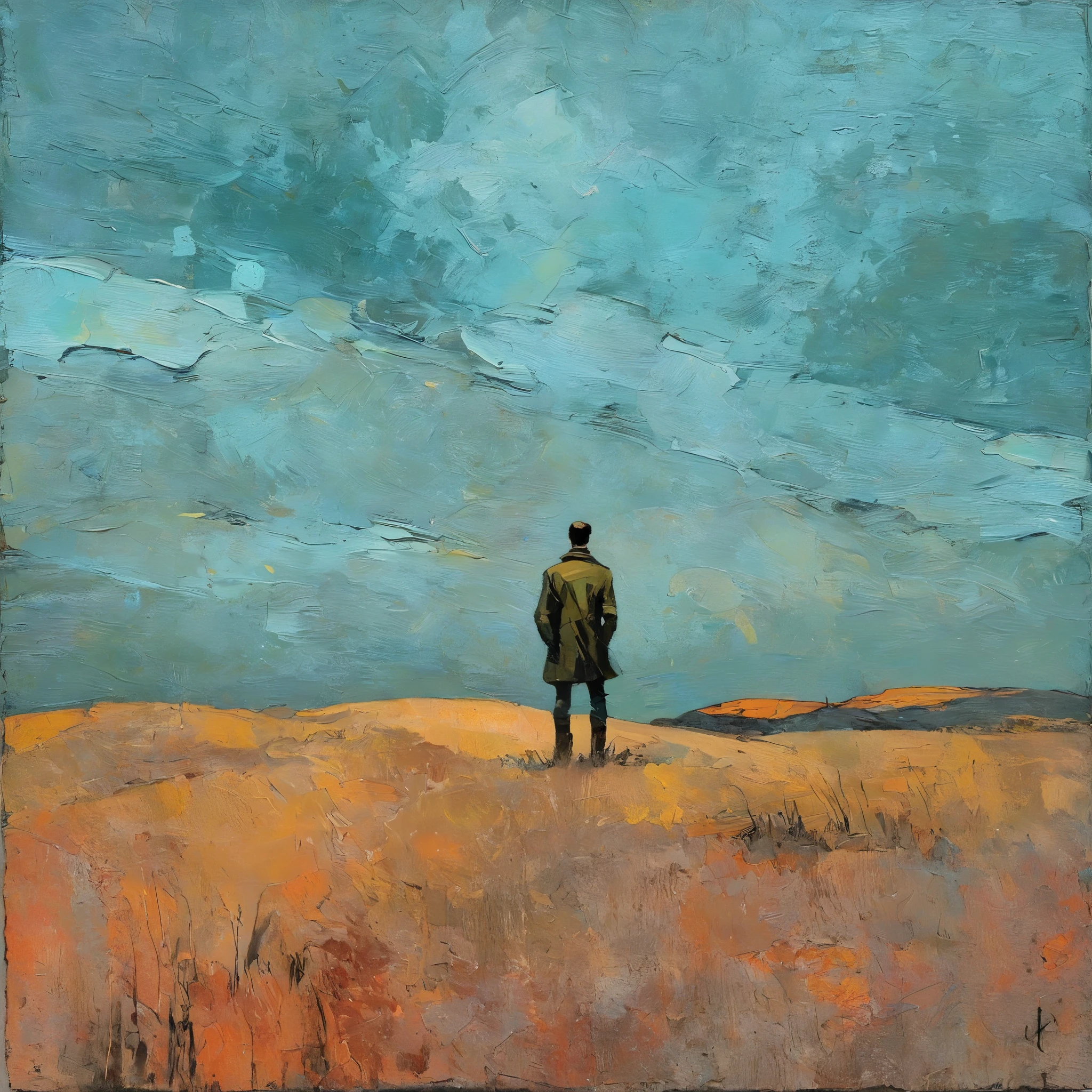 ( a man) a thick textured oil painting, impasto brushstrokes, dry brushing,revealing underlayers, abstract landscape, moody lighting, dramatic shadows, muted earthy colors, vibrant colors, highly detailed, masterpiece, Create an evocative oil painting inspired by Malcolm Liepke, based on the provided image. Capture the intense, introspective expression of the young subject using thick, expressive brushstrokes and a muted color palette.