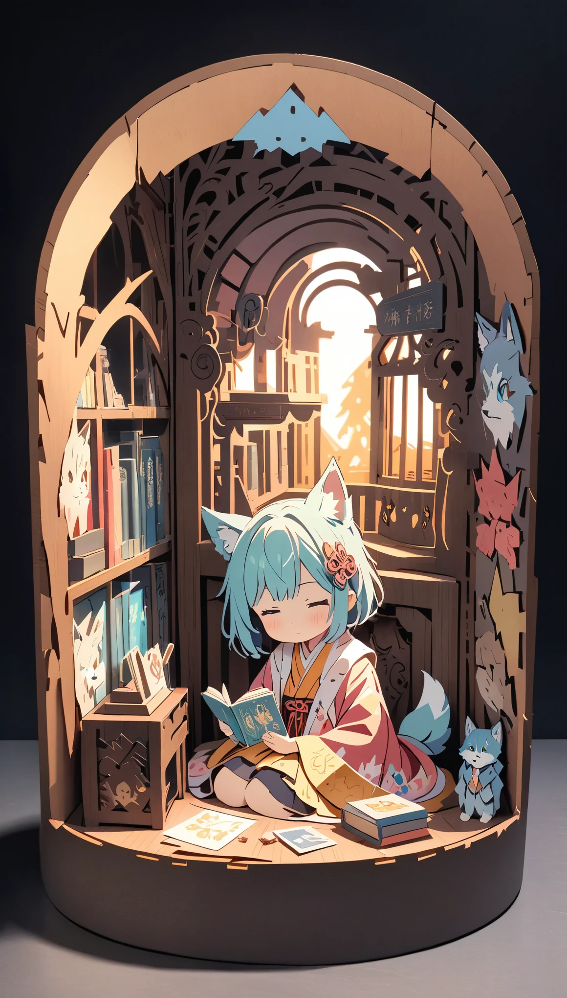 (masterpiece:1.2), (Best Quality:1.2), Ultra-high resolution, Very detailed, Perfect lighting, Wolf Girl, Gray Hair, National Costume, Otherworldly fantasy, cute, Tilt your head, Pastel colors, Paper cutting art,Flat paper cutout, Paper Art, Paper Quilt, Digital Art,Anime style illustration,Anime illustration, White background, PAPERCUT, book nook