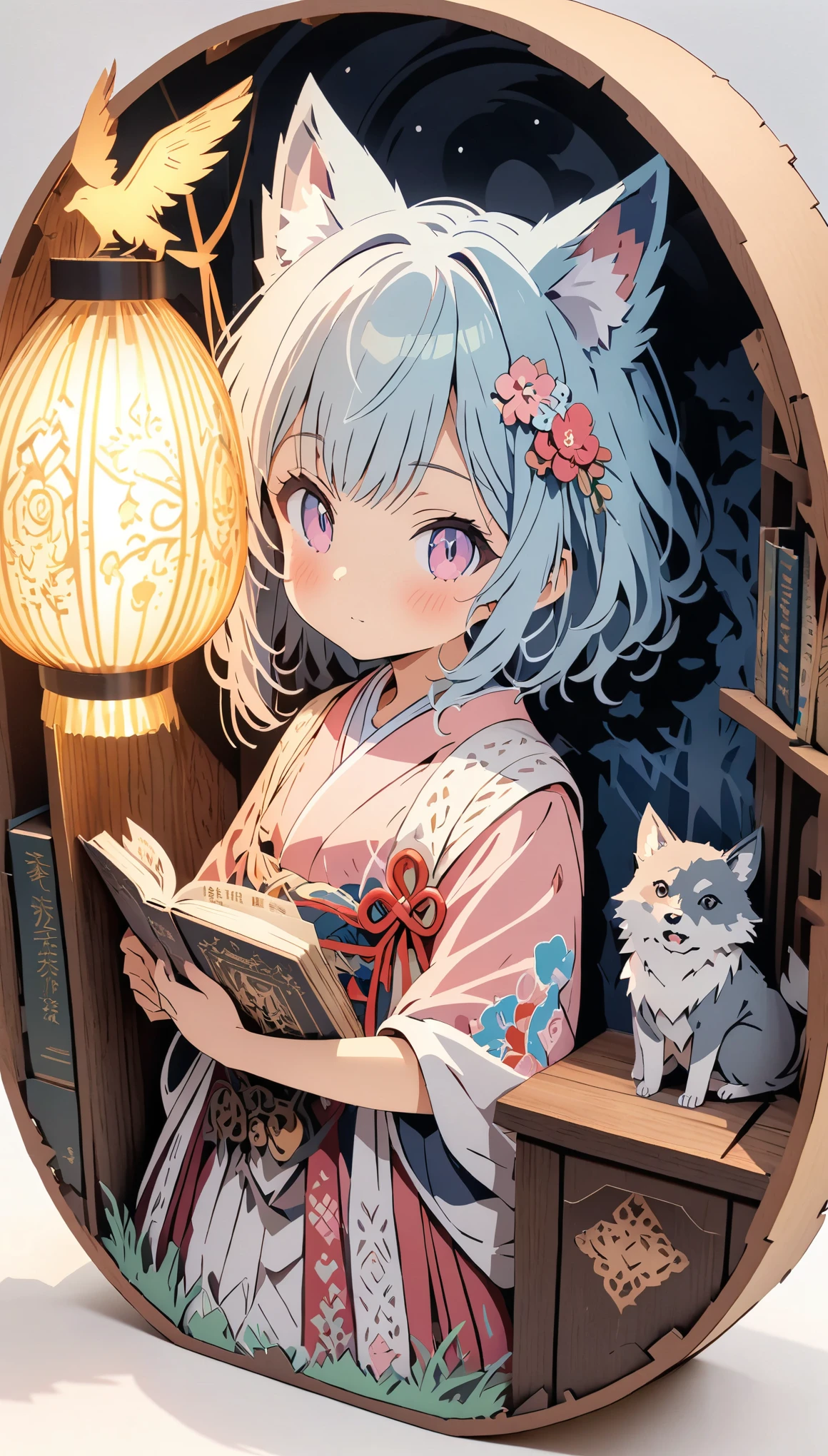 (masterpiece:1.2), (Best Quality:1.2), Ultra-high resolution, Very detailed, Perfect lighting, Wolf Girl, Gray Hair, National Costume, Otherworldly fantasy, cute, Tilt your head, Pastel colors, Paper cutting art,Flat paper cutout, Paper Art, Paper Quilt, Digital Art,Anime style illustration,Anime illustration, White background, PAPERCUT, book nook