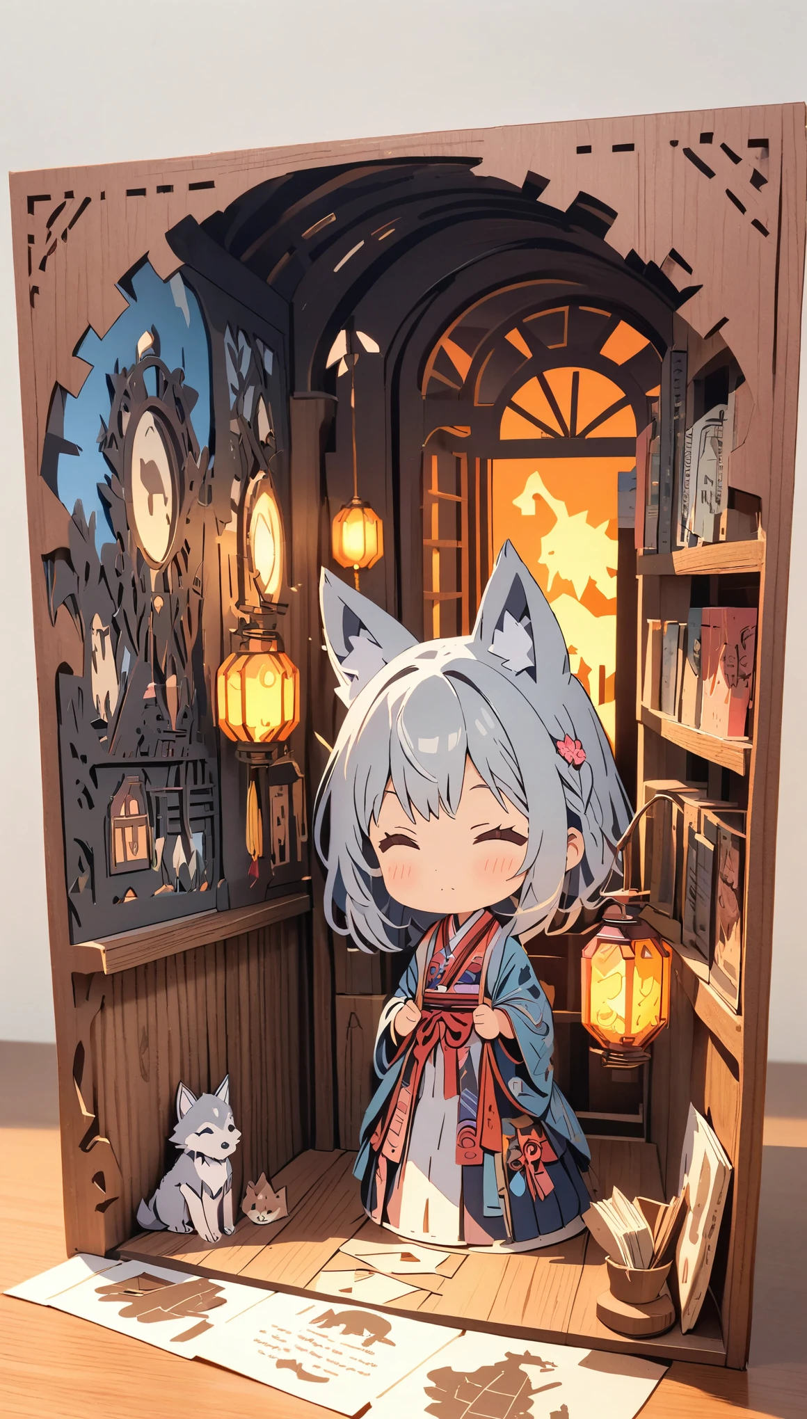 (masterpiece:1.2), (Best Quality:1.2), Ultra-high resolution, Very detailed, Perfect lighting, Wolf Girl, Gray Hair, National Costume, Otherworldly fantasy, cute, Tilt your head, Pastel colors, Paper cutting art,Flat paper cutout, Paper Art, Paper Quilt, Digital Art,Anime style illustration,Anime illustration, White background, PAPERCUT, book nook