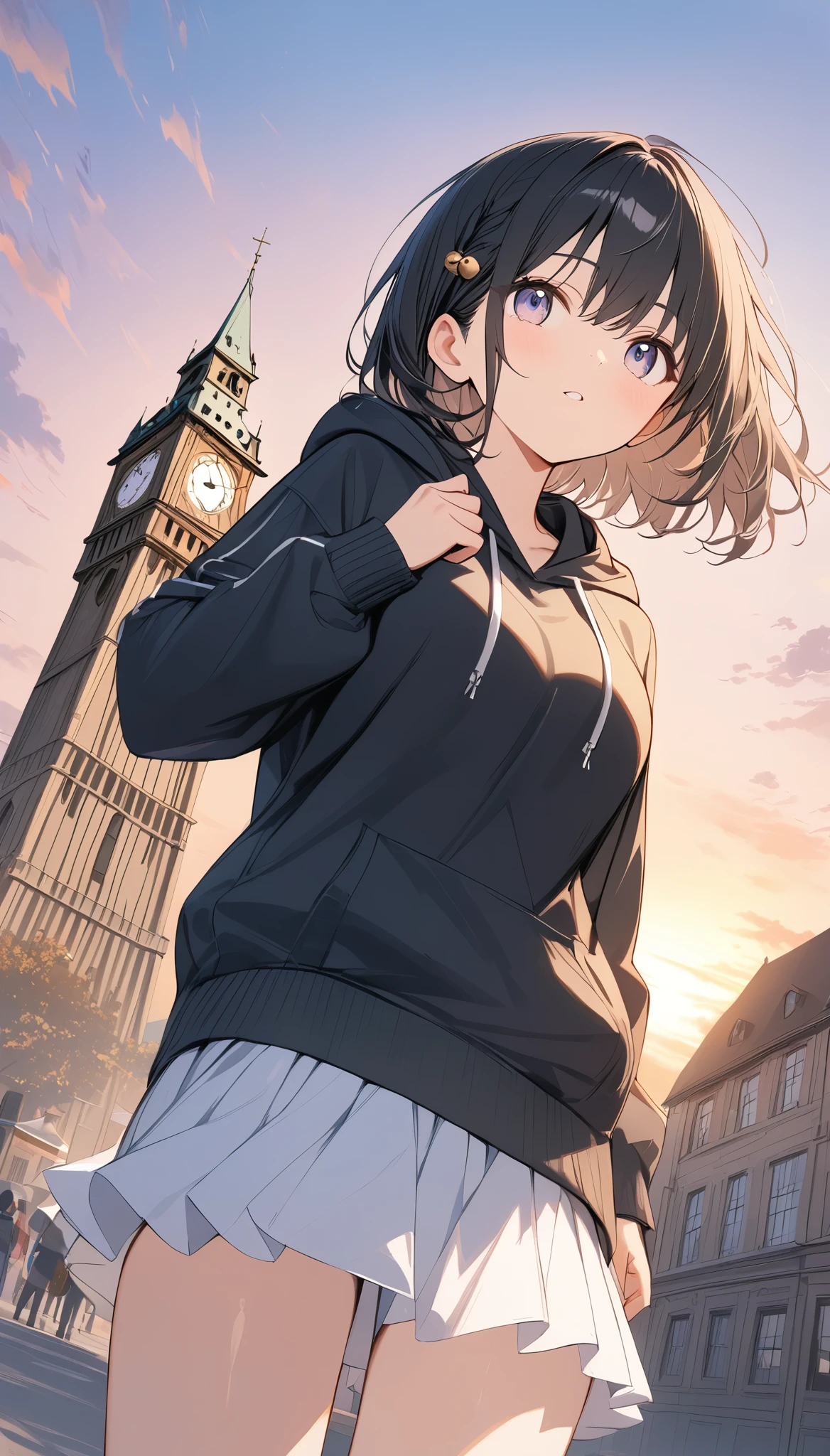 anime、((Amazingly absurd)),(masterpiece:1.2),超High resolution, Attention to detail, high quality, High resolution, 最high quality, 4K, 8k、Black Hair、Short Hair、Black hoodie、White Skirt、The sunset is dazzling、evening、Looking up at the clock tower、Bell on top of the clock tower