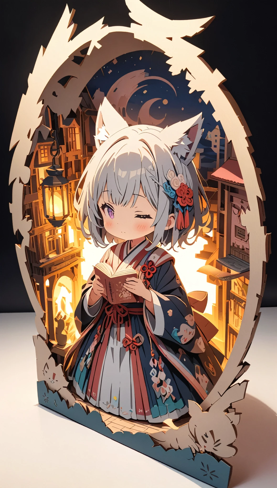 (masterpiece:1.2), (Best Quality:1.2), Ultra-high resolution, Very detailed, Perfect lighting, Wolf Girl, Gray Hair, National Costume, Otherworldly fantasy, cute, Tilt your head, Pastel colors, Paper cutting art,Flat paper cutout, Paper Art, Paper Quilt, Digital Art,Anime style illustration,Anime illustration, White background, PAPERCUT, book nook