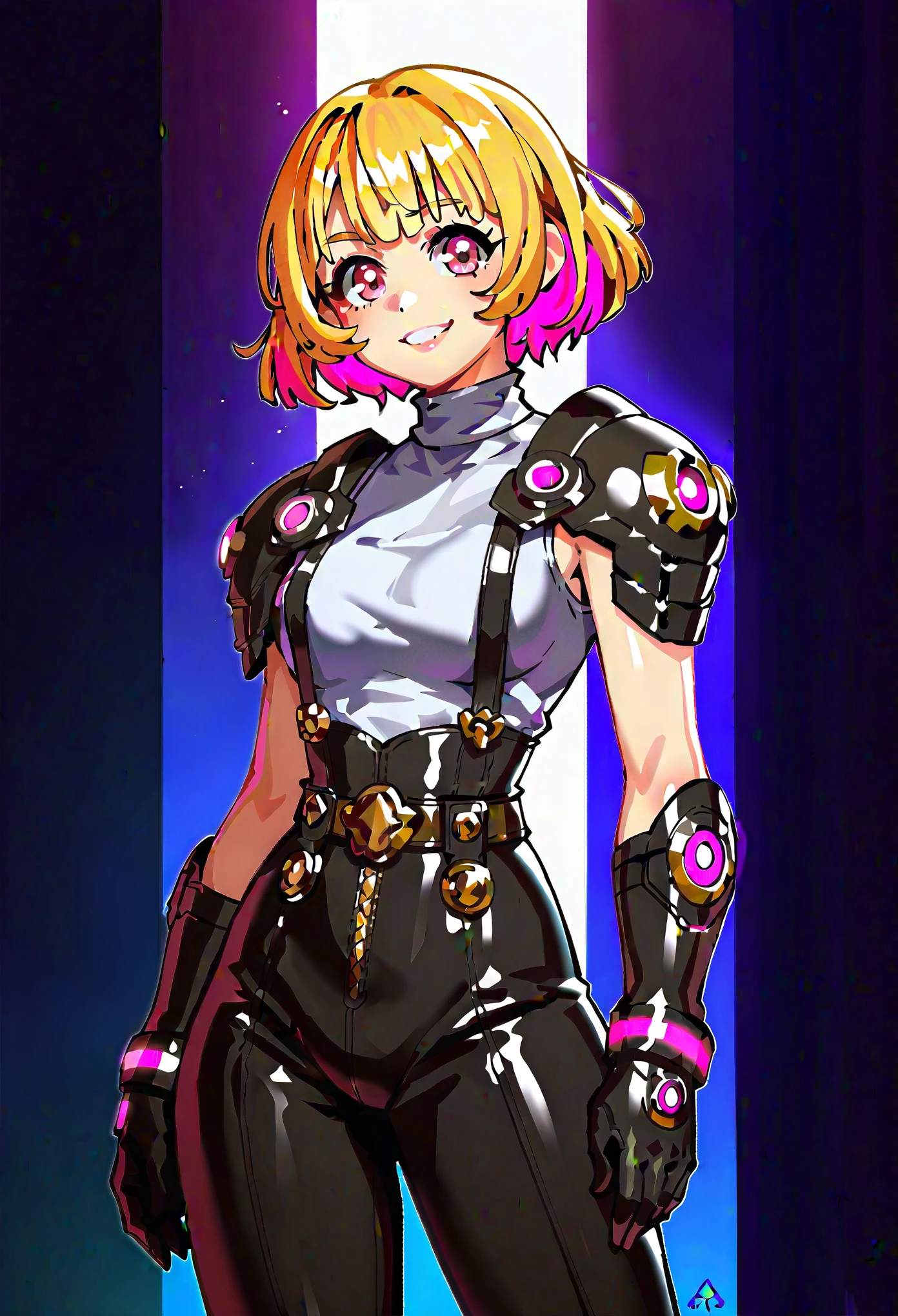 (masterpiece, best quality:1.2), pink glowing eyes, pink eyes, perfect face, blonde, Mami nanami ,gorgeous,mean look, bad look, strong make up, highres, 1 girl, solo, make up, (female:1.5), multcolored hair, shoulder armor,  sleeveless turtleneck, cute outfit, white shirt,  gold forniture, suspenders, belt, gloves, bracer,  cute smile, standing, portrait, looking at viewer, cyberpunk forniture, long leather boots, fullbody shot, dinamic pose, cyberpunk backgorund, futuristic