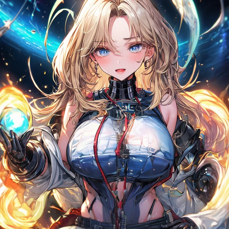 Sexy, queen(masterpiece, best quality, ultra-detailed, best shadow), (detailed background,dark fantasy), (beautiful detailed face), high contrast, (best illumination, an extremely delicate and beautiful), ((cinematic light)), colorful, hyper detail, dramatic light, intricate details, (1girl, solo, yellow hair, sharp face,blue eyes, hair between eyes,dynamic angle), blood splatter, swirling black light around the character, depth of field,black light particles,(broken glass),magic circle,naked body, small boobs, dark circle on