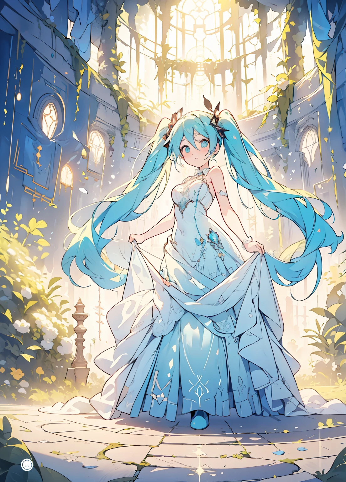 (masterpiece、Best Quality、Best Quality、Official Art、Beautiful and beautiful:1.2)、(One person:1.3)Hatsune Miku、Twin tails,Beautiful breasts,Illustration of a complex maze with multiple branches, Telling a different story. Inspired by the art style of MC Escher, The maze features intricate lines and illusionary perspective.. Vibrant and contrasting color palette, A maze conveys the idea that there are different paths to explore.. The expressions of the characters in the maze are full of surprise and curiosity.. The lighting is bright、The atmosphere is one of discovery and challenge..--v 5 --stylize 1000
