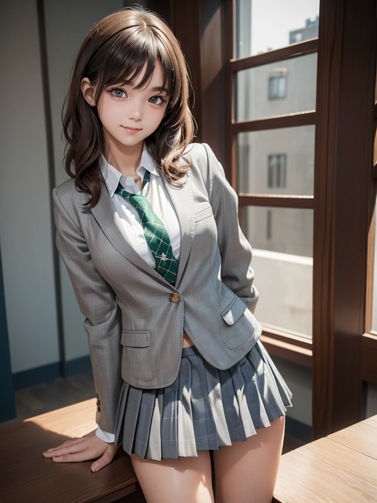 8k, Best Quality, The real picture, Intricate details, Very detailed, Ultra-high resolution, Depth Field, Tabletop, Full Body Shot, (1 girl), eye_Chan, so beautiful, innocent big eyes,, Standing in a school classroom, ((Brown Hair)), ((Wavy, short, medium-length hair)), ((Detailed eyes)), ((smile)), ((Green tie)), (((Dark blue closed blazer))), (((Light grey checkered pleated mini skirt))), Thighs, knees, Random pose，pretty girl，Slender girl
