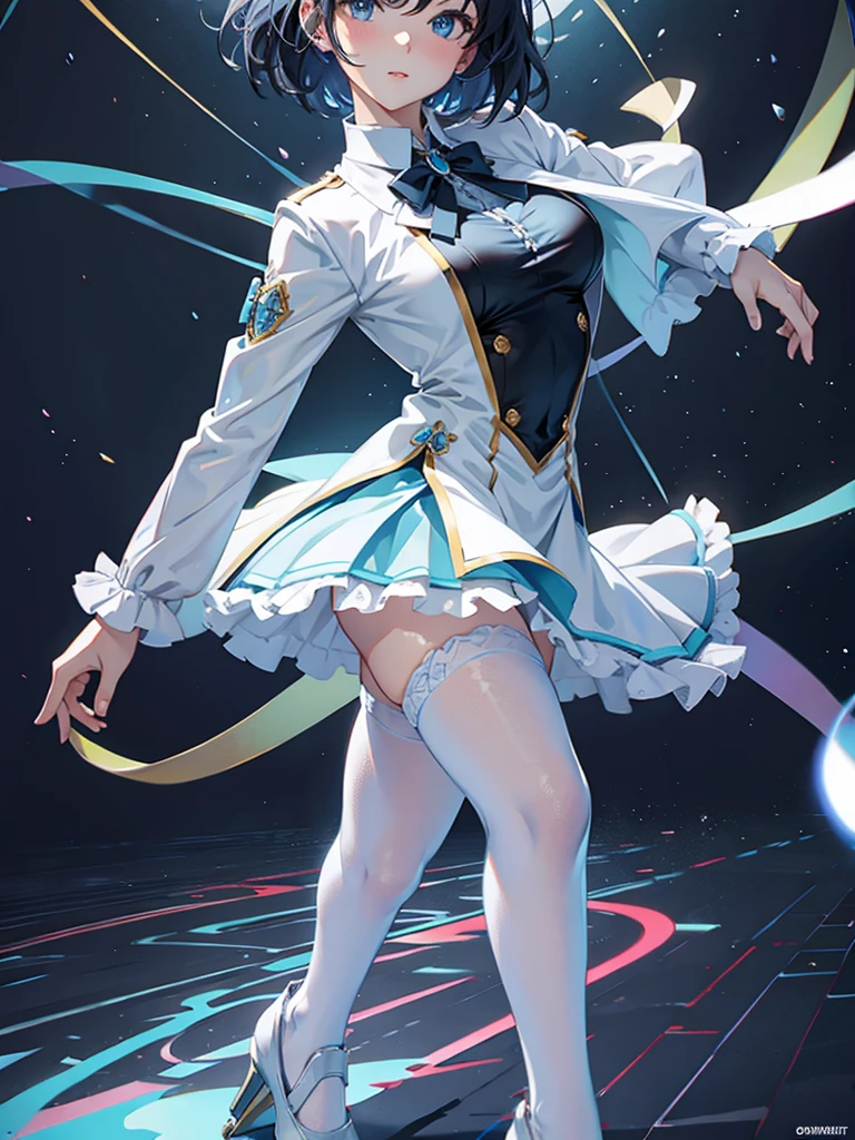 Anime art, solo, woman, tall, dark brown short hair in a tight clean Bun, dark Brown eyes, transparent chromatic frilly sleeves, wearing a white rubber tight under-suit, transparent chromatic rainbow frilly dress over the suit, heel sandals, surrounded by chromatic rainbow colored aura, condescending evil glaring smirk, martial arts fighting stance pose, science facility background.