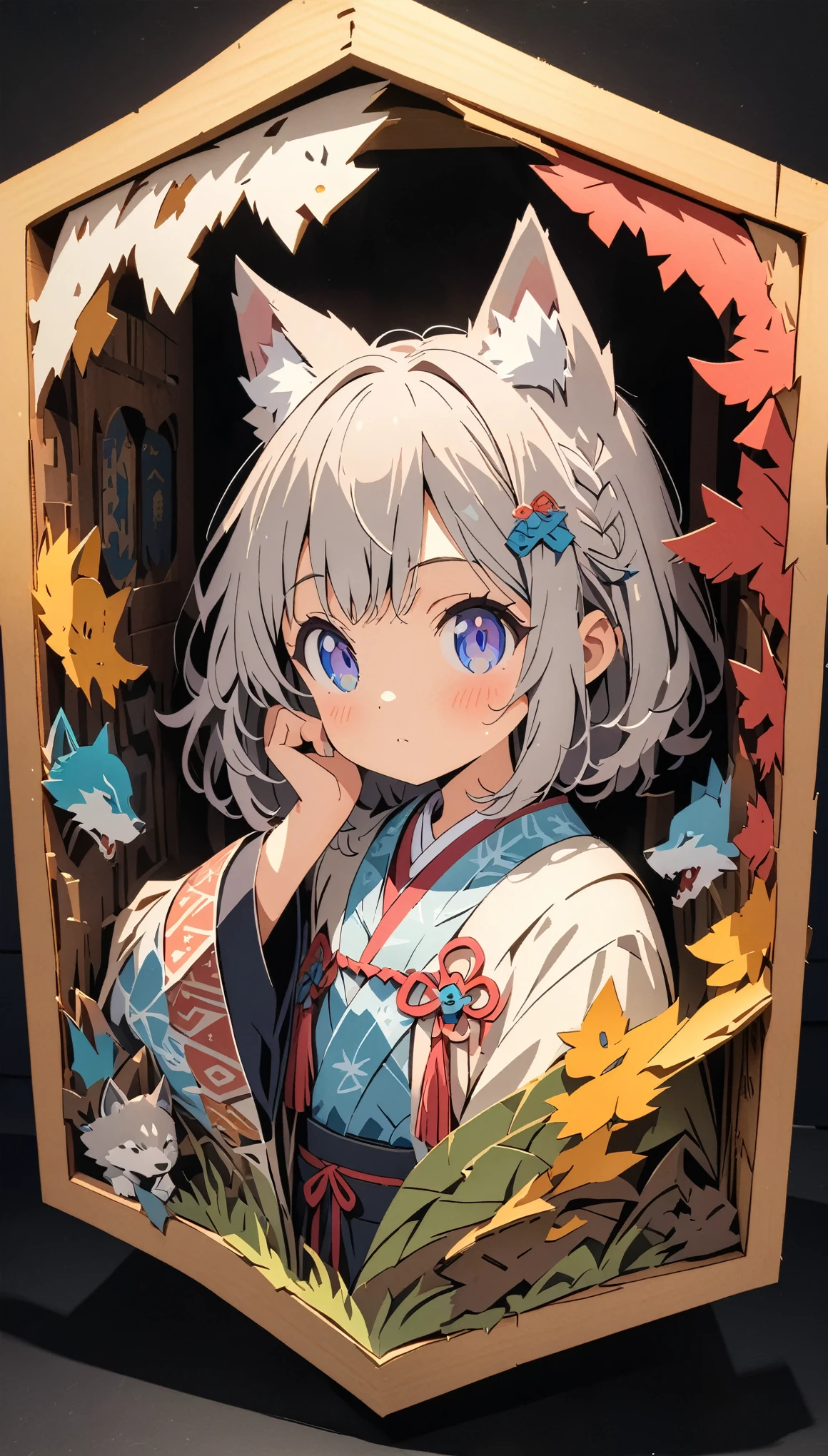 (masterpiece:1.2), (Best Quality:1.2), Ultra-high resolution, Very detailed, Perfect lighting, Wolf Girl, Gray Hair, National Costume, Otherworldly fantasy, cute, Tilt your head, Pastel colors, Paper cutting art,Flat paper cutout, Paper Art, Paper Quilt, Digital Art,Anime style illustration,Anime illustration, White background, PAPERCUT, book nook