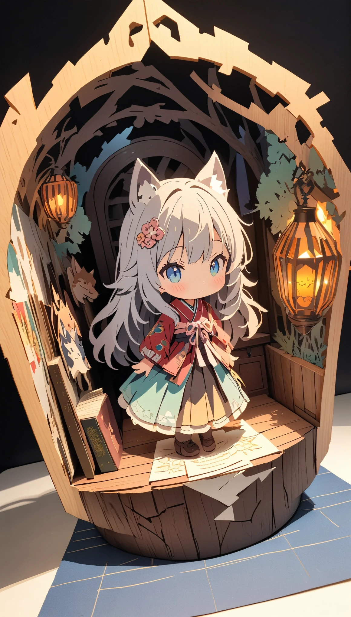 (masterpiece:1.2), (Best Quality:1.2), Ultra-high resolution, Very detailed, Perfect lighting, Wolf Girl, Gray Hair, National Costume, Otherworldly fantasy, cute, Tilt your head, Pastel colors, Paper cutting art,Flat paper cutout, Paper Art, Paper Quilt, Digital Art,Anime style illustration,Anime illustration, White background, PAPERCUT, book nook