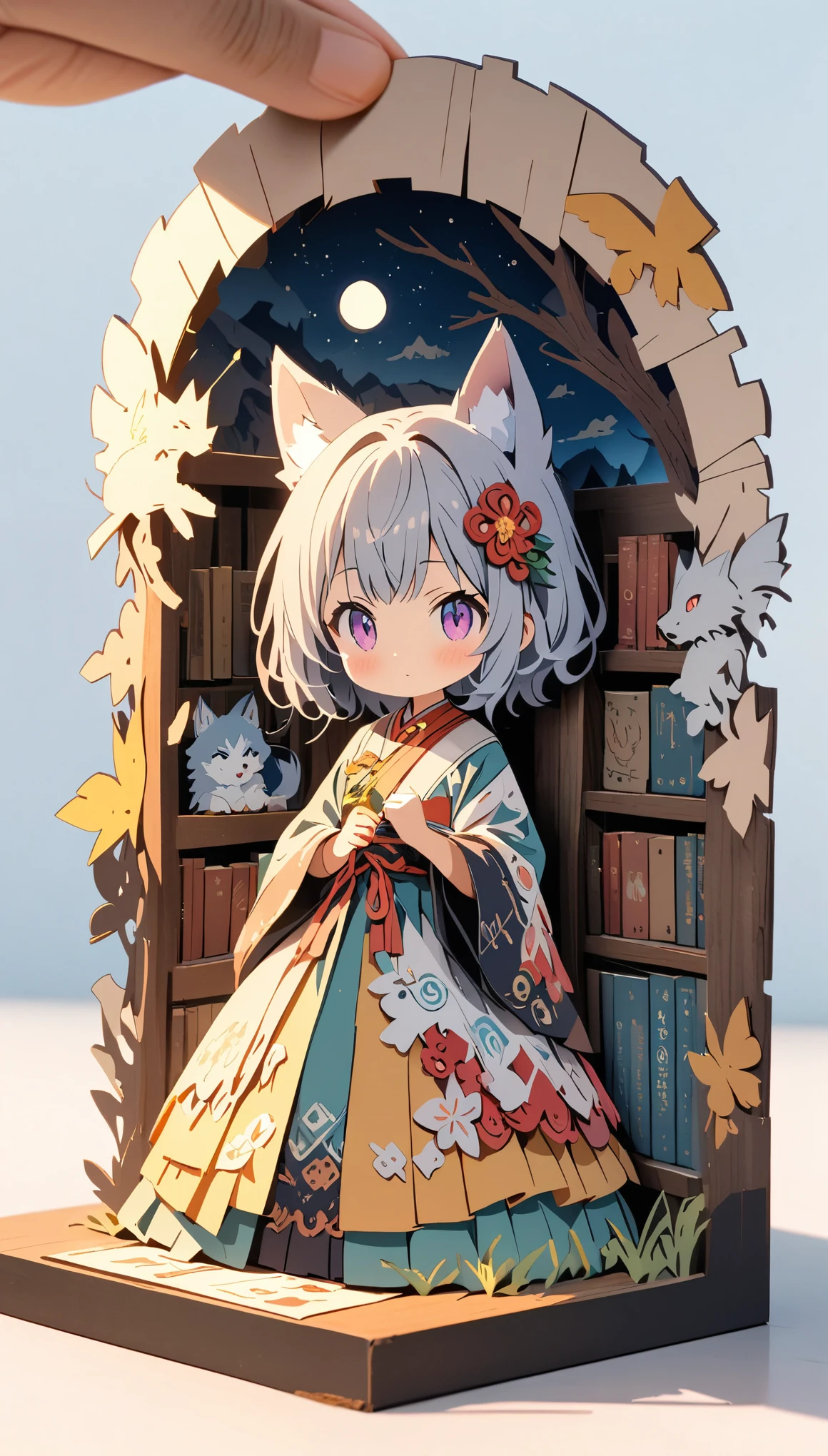 (masterpiece:1.2), (Best Quality:1.2), Ultra-high resolution, Very detailed, Perfect lighting, Wolf Girl, Gray Hair, National Costume, Otherworldly fantasy, cute, Tilt your head, Pastel colors, Paper cutting art,Flat paper cutout, Paper Art, Paper Quilt, Digital Art,Anime style illustration,Anime illustration, White background, PAPERCUT, book nook