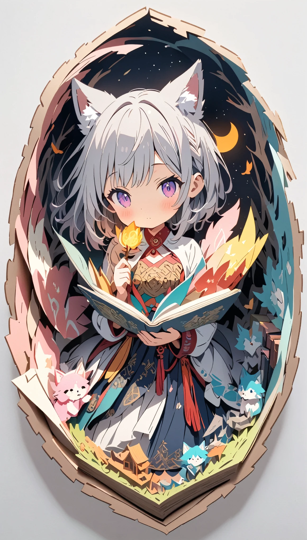 (masterpiece:1.2), (Best Quality:1.2), Ultra-high resolution, Very detailed, Perfect lighting, Wolf Girl, Gray Hair, National Costume, Otherworldly fantasy, cute, Tilt your head, Pastel colors, Paper cutting art,Flat paper cutout, Paper Art, Paper Quilt, Digital Art,Anime style illustration,Anime illustration, White background, PAPERCUT, book nook