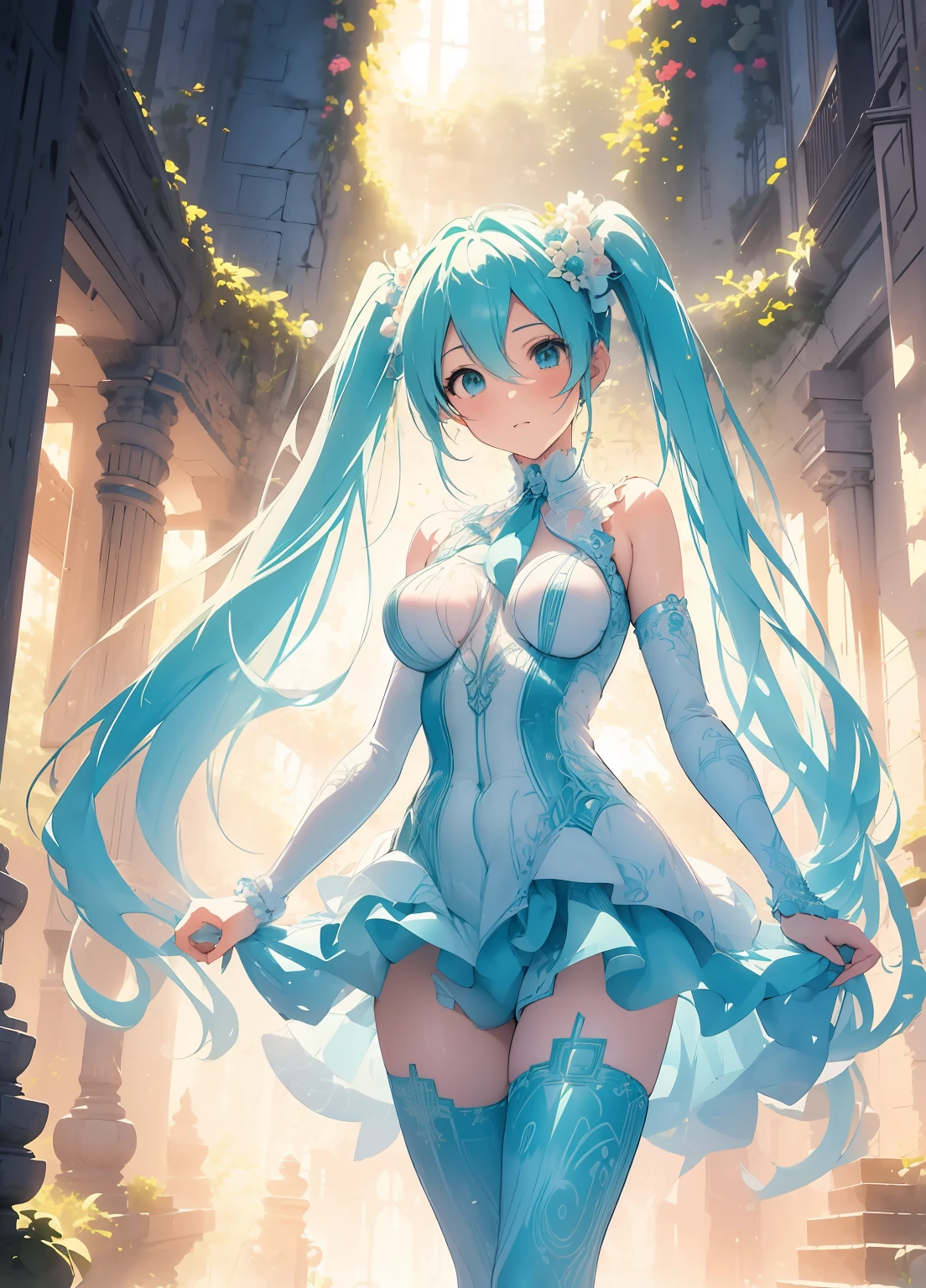(masterpiece、Best Quality、Best Quality、Official Art、Beautiful and beautiful:1.2)、(One person:1.3)Hatsune Miku、Twin tails,Beautiful breasts,Illustration of a complex maze with multiple branches, Telling a different story. Inspired by the art style of MC Escher, The maze features intricate lines and illusionary perspective.. Vibrant and contrasting color palette, A maze conveys the idea that there are different paths to explore.. The expressions of the characters in the maze are full of surprise and curiosity.. The lighting is bright、The atmosphere is one of discovery and challenge..--v 5 --stylize 1000