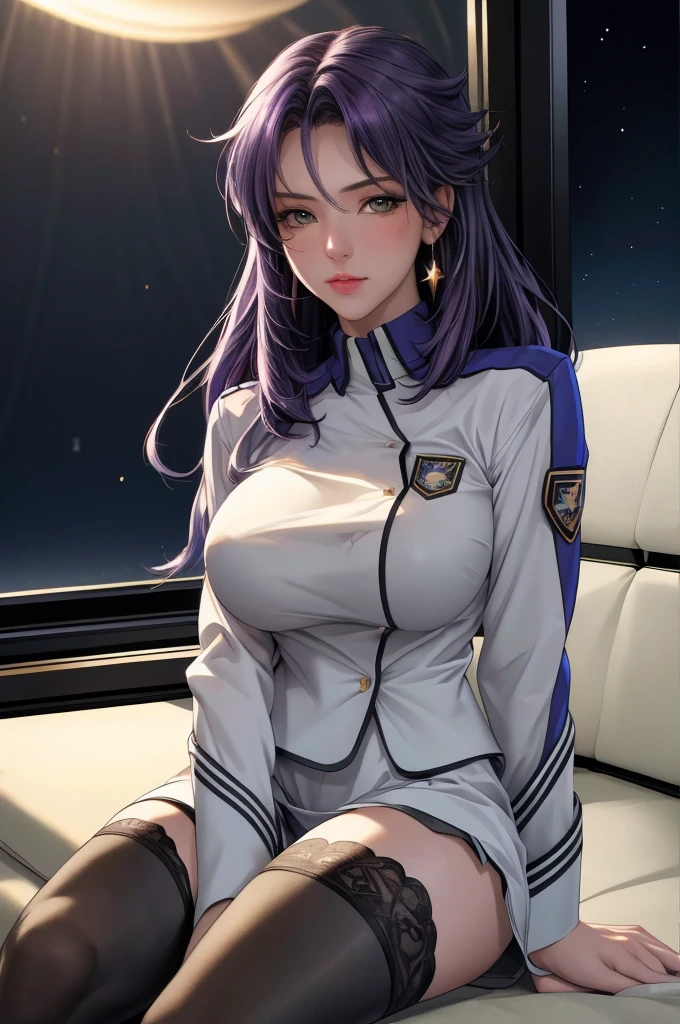 masterpiece, best quality, solo,1girl,looking at viewer,indoors, space station, windws, stars, ultra detailed, intricate details, long hair, purplehair, mature female, earrings, pbLieri,academy uniform,  large breasts, black thighhighs, sharp focus, highres, elaborate atmosphere:0.90, 8K, 4K, UHD, 32k UHD resolution, realistic photo, professional photography, Ultra Detailed 8K CG, ultra high res, High quality texture, High quality shadows, vivid colors, sitting,