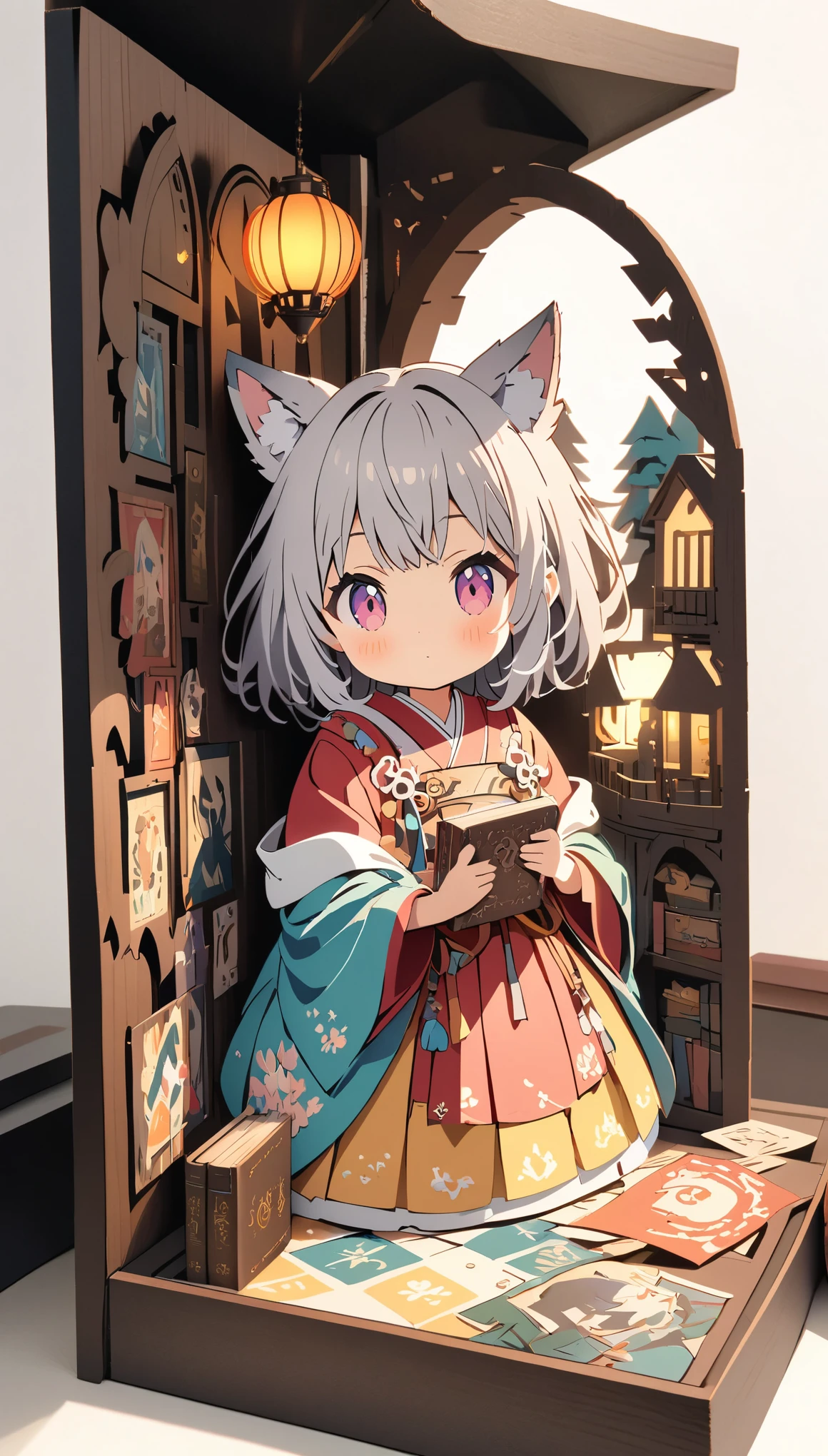 (masterpiece:1.2), (Best Quality:1.2), Ultra-high resolution, Very detailed, Perfect lighting, Wolf Girl, Gray Hair, National Costume, Otherworldly fantasy, cute, Tilt your head, Pastel colors, Paper cutting art,Flat paper cutout, Paper Art, Paper Quilt, Digital Art,Anime style illustration,Anime illustration, White background, PAPERCUT, book nook