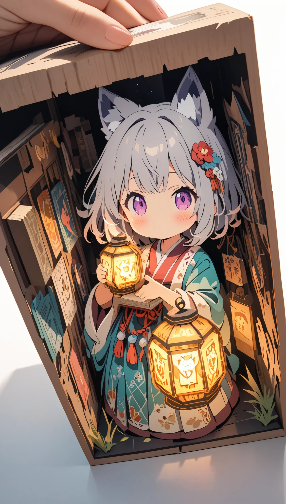 (masterpiece:1.2), (Best Quality:1.2), Ultra-high resolution, Very detailed, Perfect lighting, Wolf Girl, Gray Hair, National Costume, Otherworldly fantasy, cute, Tilt your head, Pastel colors, Paper cutting art,Flat paper cutout, Paper Art, Paper Quilt, Digital Art,Anime style illustration,Anime illustration, White background, PAPERCUT, book nook