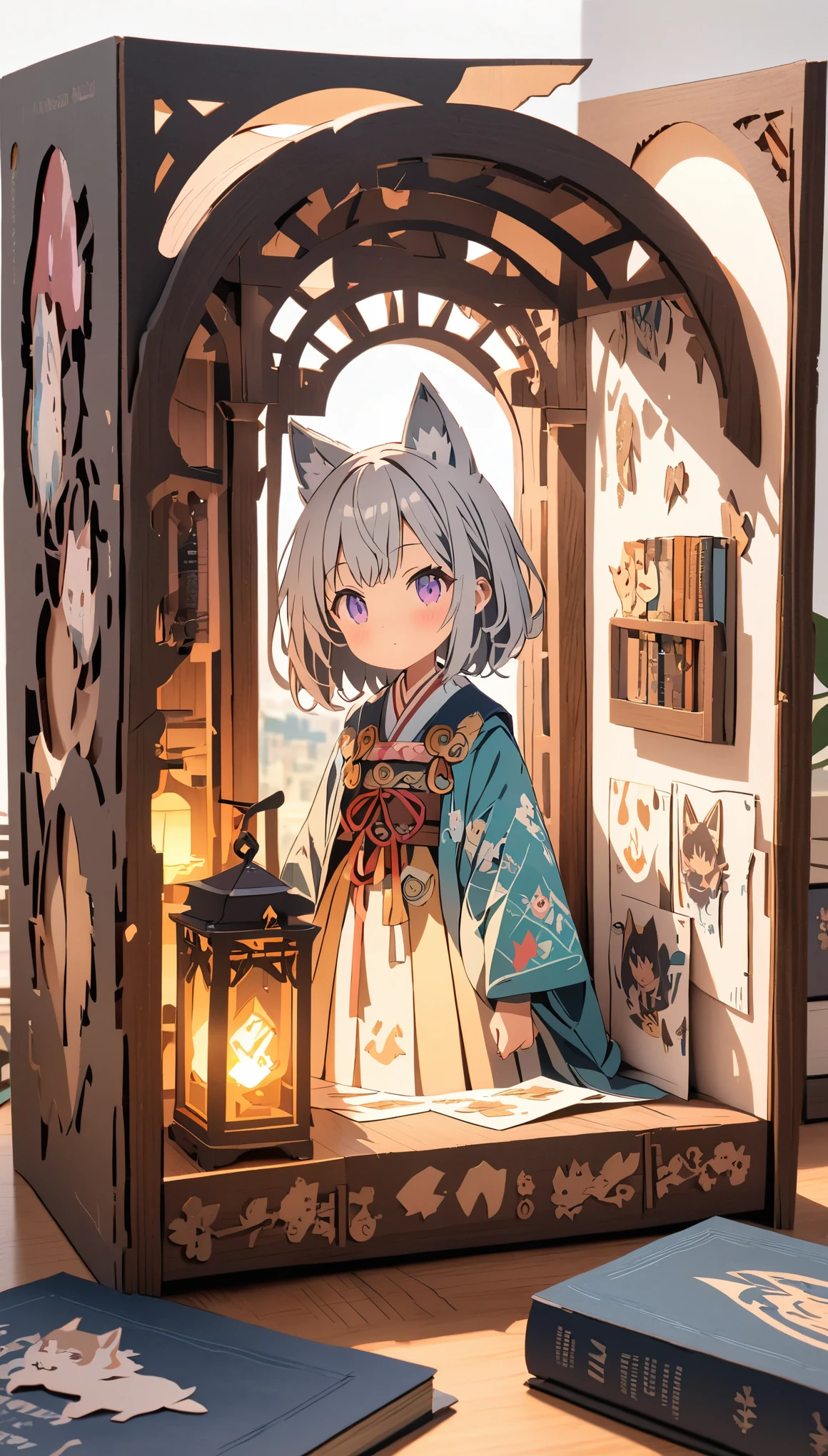 (masterpiece:1.2), (Best Quality:1.2), Ultra-high resolution, Very detailed, Perfect lighting, Wolf Girl, Gray Hair, National Costume, Otherworldly fantasy, cute, Tilt your head, Pastel colors, Paper cutting art,Flat paper cutout, Paper Art, Paper Quilt, Digital Art,Anime style illustration,Anime illustration, White background, PAPERCUT, book nook