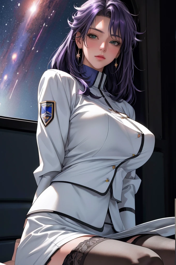 masterpiece, best quality, solo,1girl,looking at viewer,indoors, space station, windws, stars, ultra detailed, intricate details, long hair, purplehair, mature female, earrings, pbLieri, purple and white uniform, white skirt, large breasts, black thighhighs, sharp focus, highres, elaborate atmosphere:0.90, 8K, 4K, UHD, 32k UHD resolution, realistic photo, professional photography, Ultra Detailed 8K CG, ultra high res, High quality texture, High quality shadows, vivid colors, sitting,