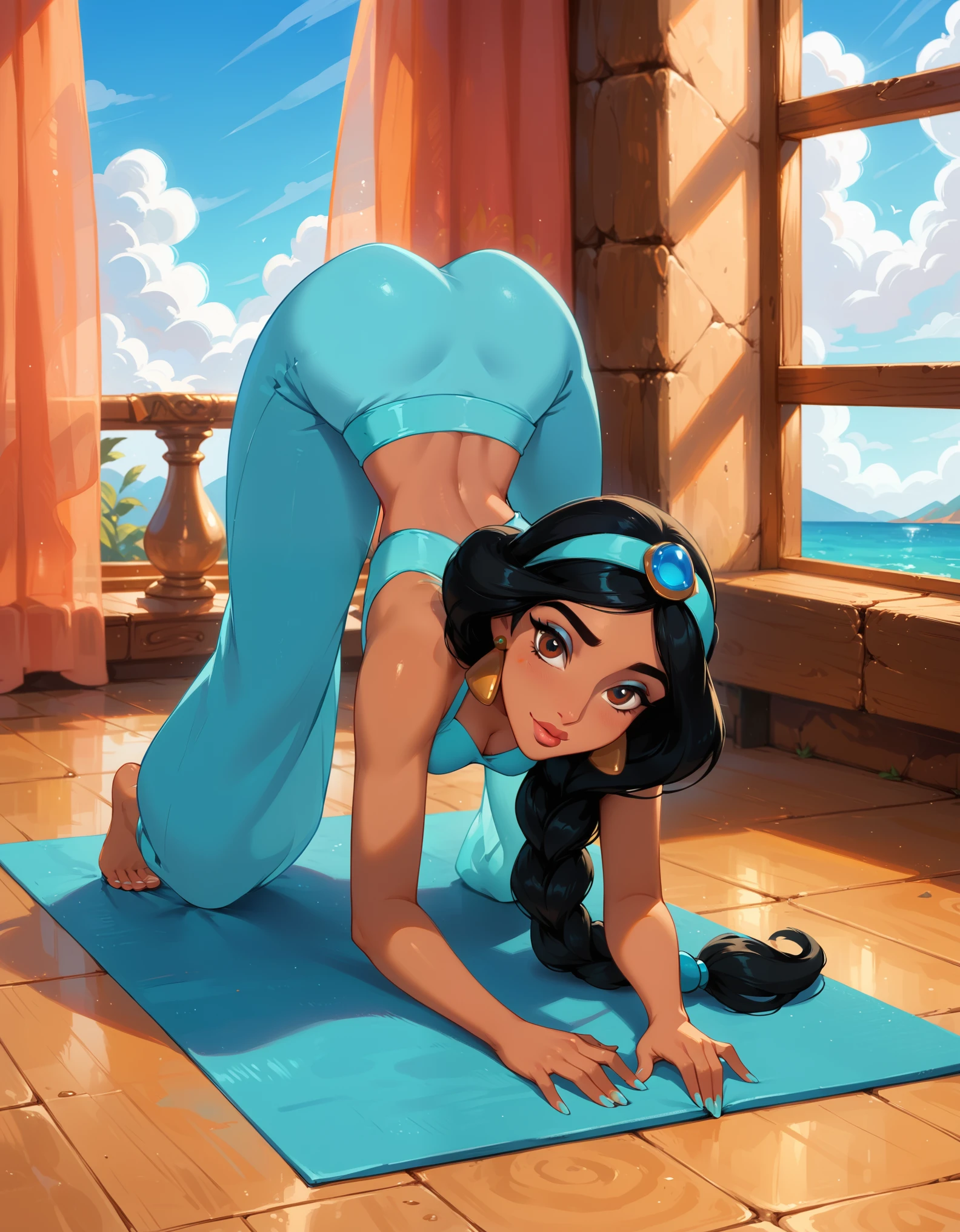 score_9, score_8_up, score_7_up, rating_questionable, epiCPhoto, 1girl, very sexy (Disney's Jasmine, ja_n, arabian woman, brown skin, black hair, brown eyes, thick braid, turquoise headband with sapphire, barefoot:1.1), beautiful waifu, yogapants, sky blue yoga pants, in gym, on yoga mat, long legs, thicc, solo, cute, flirt, gaze, sexy look, half-closed eyes, head tilt, filled lips, thick lips, makeup, modelling shoot, sexy pose, face down ass up pose.