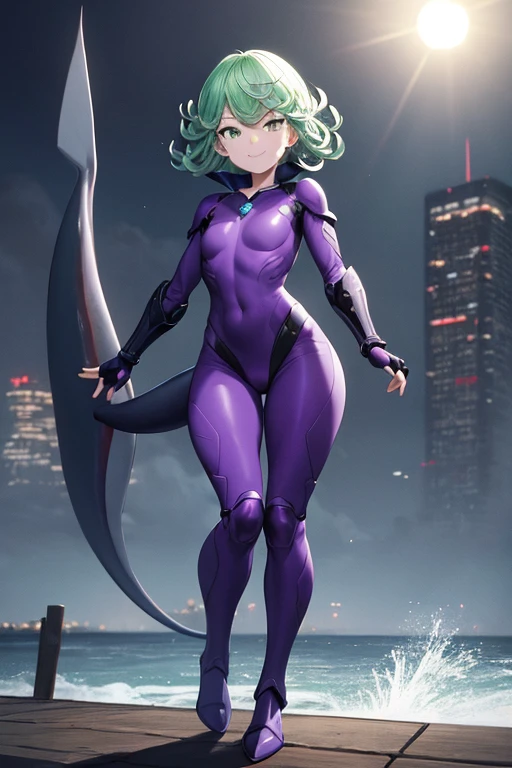 Full body portrait, Standing, background jungle in day, purple hair, Bob hair, Green ninja outfit, Pad gear, Green Eyes, Devil horn