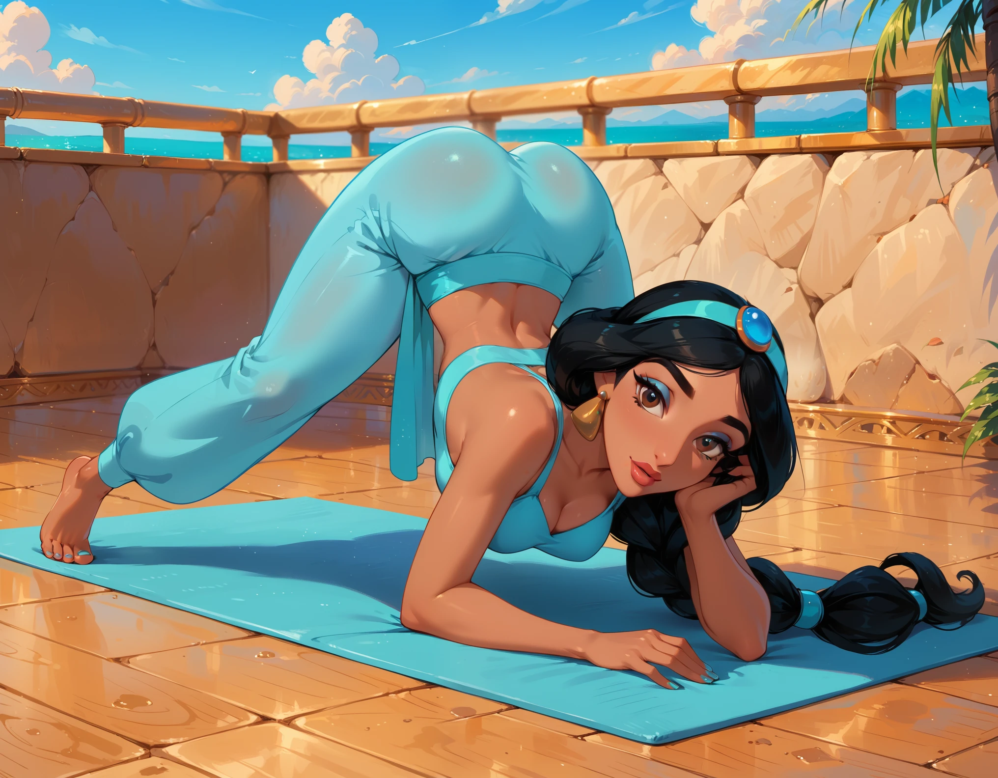 score_9, score_8_up, score_7_up, rating_questionable, epiCPhoto, 1girl, very sexy (Disney's Jasmine, ja_n, arabian woman, brown skin, black hair, brown eyes, thick braid, turquoise headband with sapphire, barefoot:1.1), beautiful waifu, yogapants, sky blue yoga pants, in gym, on yoga mat, long legs, thicc, solo, cute, flirt, gaze, sexy look, half-closed eyes, head tilt, filled lips, thick lips, makeup, modelling shoot, sexy pose, face down ass up pose.