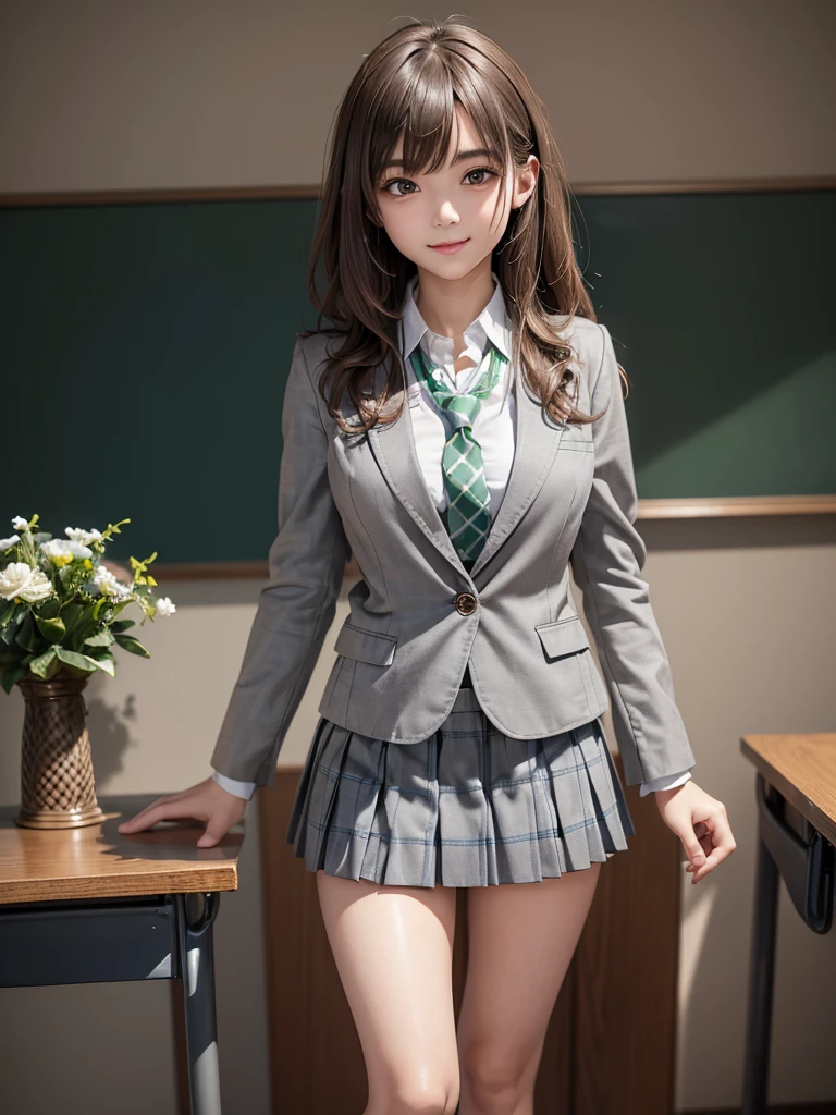 8k, Best Quality, The real picture, Intricate details, Very detailed, Ultra-high resolution, Depth Field, Tabletop, Full Body Shot, (1 girl), eye_Chan, so beautiful, innocent big eyes,, Standing in a school classroom, ((Brown Hair)), ((Wavy, short, medium-length hair)), ((Detailed eyes)), ((smile)), ((Green tie)), (((Dark blue closed blazer))), (((Light grey checkered pleated mini skirt))), Thighs, knees, Random pose，pretty girl，Slender girl