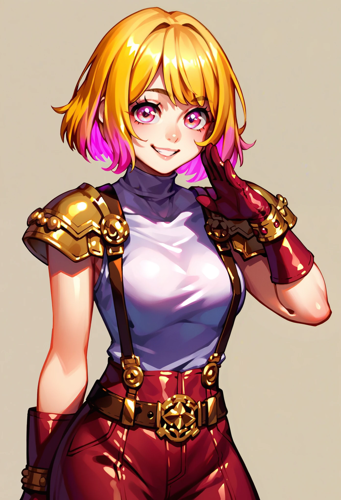 (masterpiece, best quality:1.2), pink glowing eyes, pink eyes, perfect face, blonde, Mami nanami ,gorgeous,mean look, bad look, strong make up, highres, 1 girl, solo, make up, (female:1.5), multcolored hair, shoulder armor,  sleeveless turtleneck, cute outfit, white shirt,  gold forniture, suspenders, belt, gloves, bracer,  cute smile, standing, portrait, looking at viewer, cyberpunk forniture, long leather boots, fullbody shot, dinamic pose, cyberpunk backgorund, futuristic