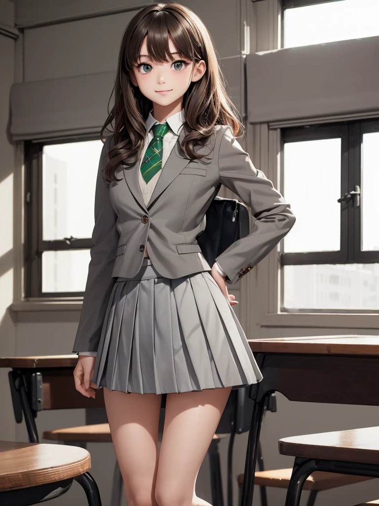 8k, Best Quality, The real picture, Intricate details, Very detailed, Ultra-high resolution, Depth Field, Tabletop, Full Body Shot, (1 girl), eye_Chan, so beautiful, innocent big eyes,, Standing in a school classroom, ((Brown Hair)), ((Wavy, short, medium-length hair)), ((Detailed eyes)), ((smile)), ((Green tie)), (((Dark blue closed blazer))), (((Light grey pleated mini skirt))), Thighs, knees, Random pose，pretty girl，Slender girl