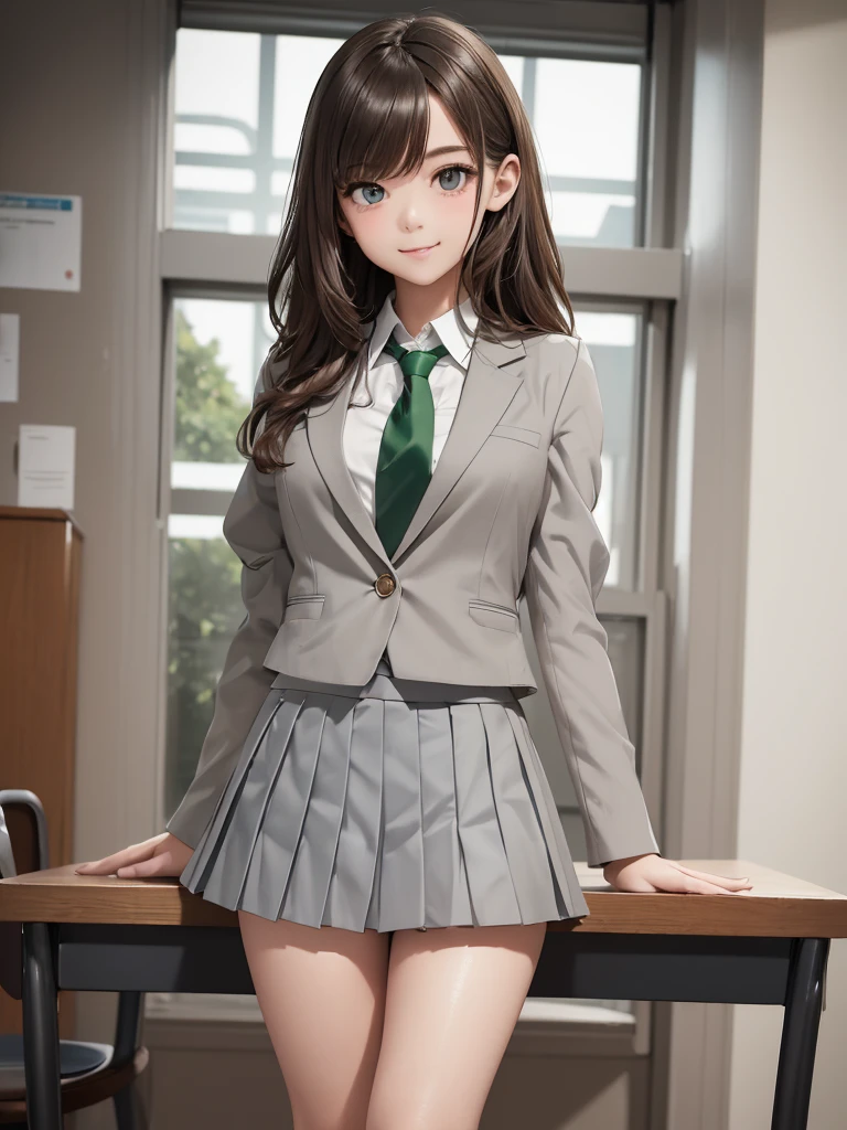 8k, Best Quality, The real picture, Intricate details, Very detailed, Ultra-high resolution, Depth Field, Tabletop, Full Body Shot, (1 girl), eye_Chan, so beautiful, innocent big eyes,, Standing in a school classroom, ((Brown Hair)), ((Wavy, short, medium-length hair)), ((Detailed eyes)), ((smile)), ((Green tie)), (((Dark blue closed blazer))), (((Light grey pleated mini skirt))), Thighs, knees, Random pose，pretty girl，Slender girl