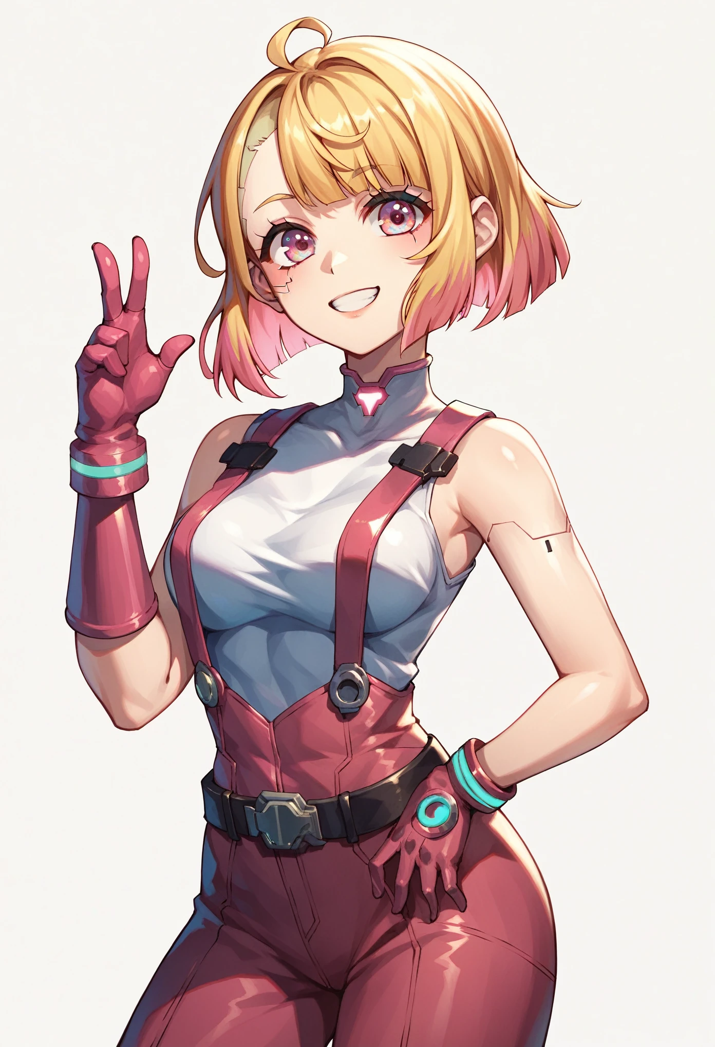 (masterpiece, best quality:1.2), pink glowing eyes, pink eyes, perfect face, blonde, gorgeous, strong make up, highres, 1 girl, solo, make up, (female:1.5), multcolored hair, shoulder eletronic armor,  sleeveless turtleneck, cute outfit, white shirt, eletronic forniture, suspenders, belt, gloves, bracer,  cute smile, standing, portrait, looking at viewer, cyberpunk forniture, long leather boots, fullbody shot, dinamic pose, cyberpunk backgrund, futuristic cyberpunk theme,