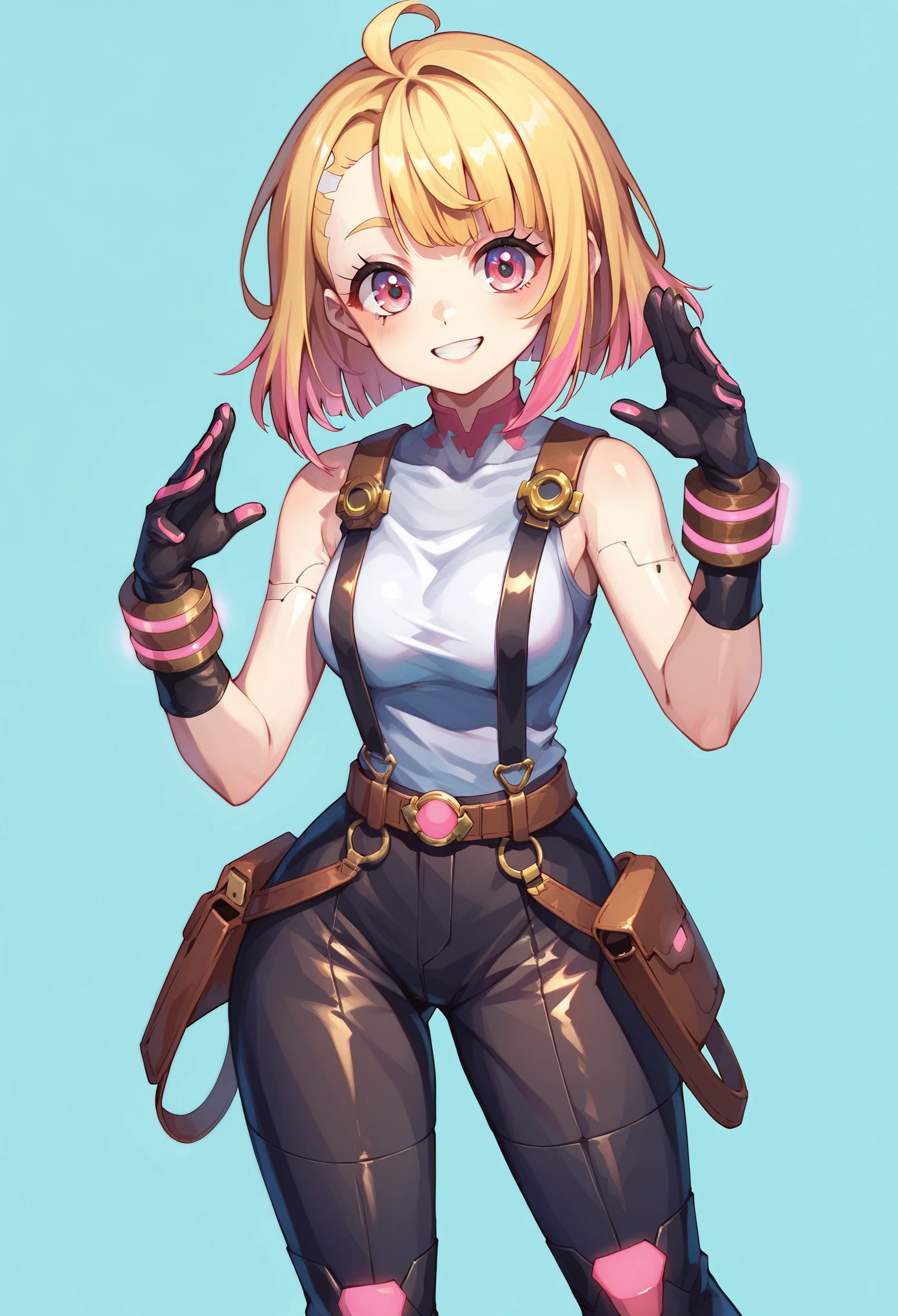 (masterpiece, best quality:1.2), pink glowing eyes, pink eyes, perfect face, blonde, gorgeous, strong make up, highres, 1 girl, solo, make up, (female:1.5), multcolored hair, shoulder eletronic armor,  sleeveless turtleneck, cute outfit, white shirt, eletronic forniture, suspenders, belt, gloves, bracer,  cute smile, standing, portrait, looking at viewer, cyberpunk forniture, long leather boots, fullbody shot, dinamic pose, cyberpunk backgrund, futuristic cyberpunk theme,