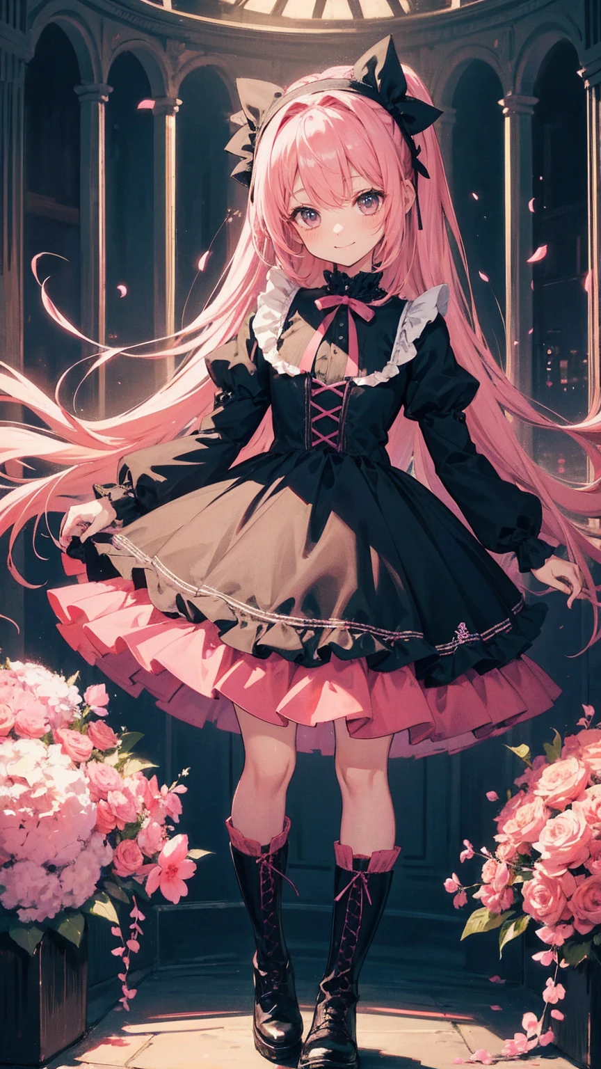 Anime Style、story、、Beautiful girls、とてもcute天使、Pink Gothic Dress、cute、baby face、smile、Long skirt、Black boots、Very cute headband
