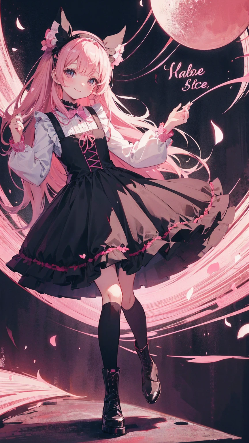 Anime Style、story、、Beautiful girls、とてもcute天使、Pink Gothic Dress、cute、baby face、smile、Long skirt、Black boots、Very cute headband
