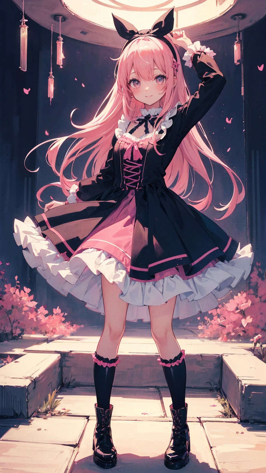 Anime Style、story、、Beautiful girls、とてもcute天使、Pink Gothic Dress、cute、baby face、smile、Long skirt、Black boots、Very cute headband
