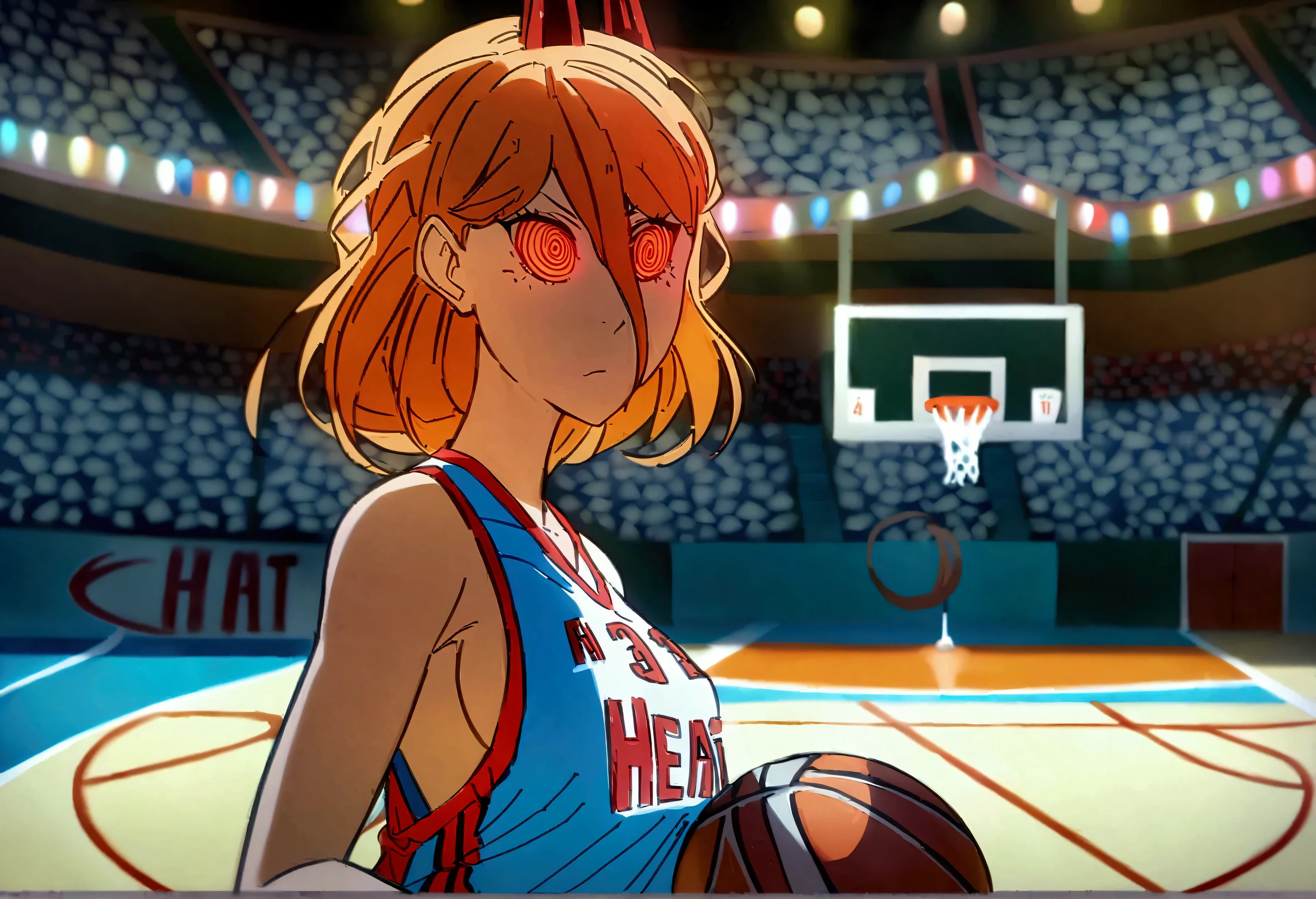 Power, standing, wearing a Miami Heat basketball jersey, blue shorts, with a basketball in her hand, she has orange-brown hair, and orange spiral eyes, she is thin, with medium breasts -large, she is on an empty basketball court, alone, anime style court