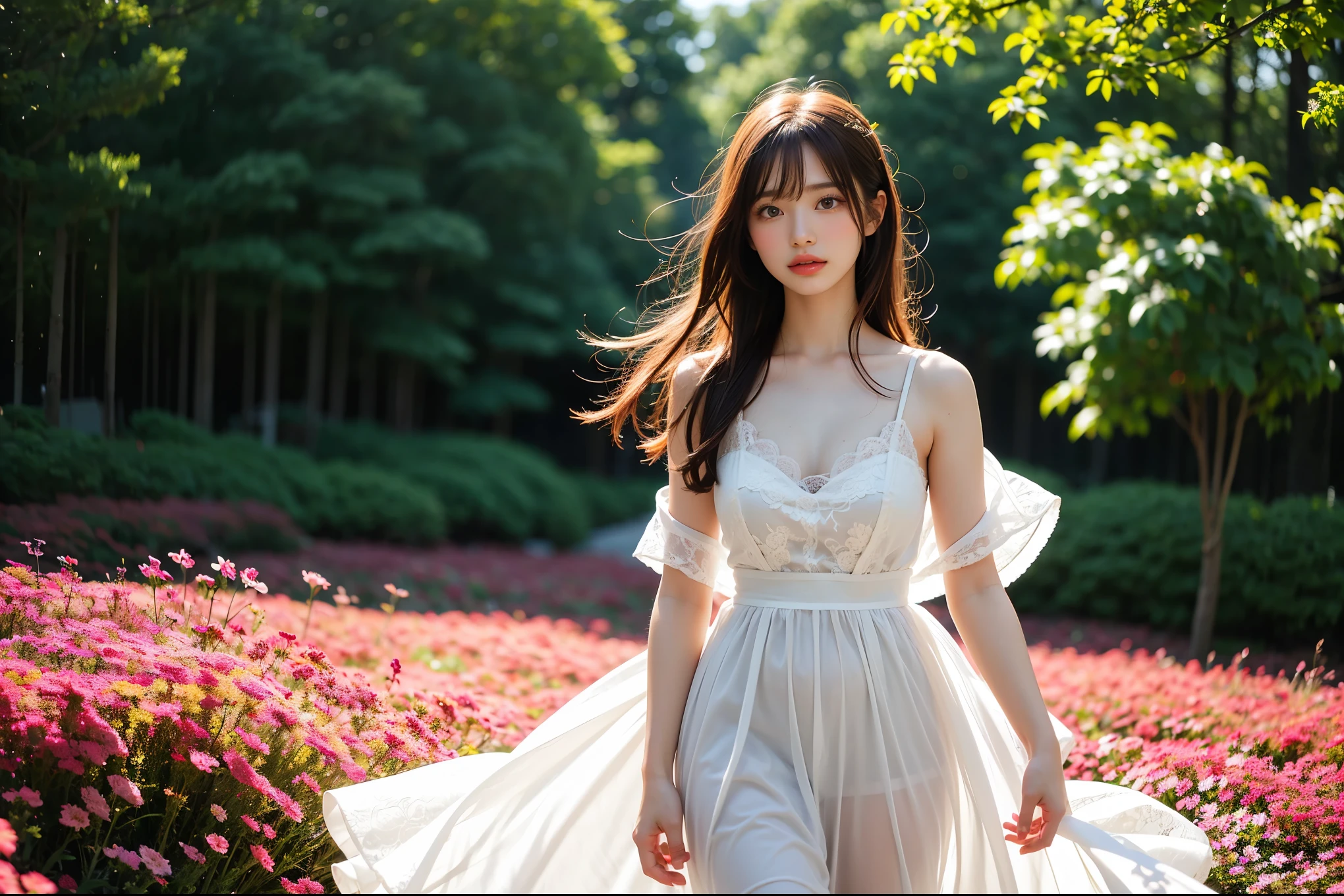 High quality, high resolution, real photos. Japanese beauty in her 20s, ethereal, (dreamy: 1.2), soft focus, floating in a flower field, wearing a white dress, long flowing hair, (breeze: 1.1), sunlight, golden hour, fantasy, depth of field, cinematic lighting, art station, concept art.