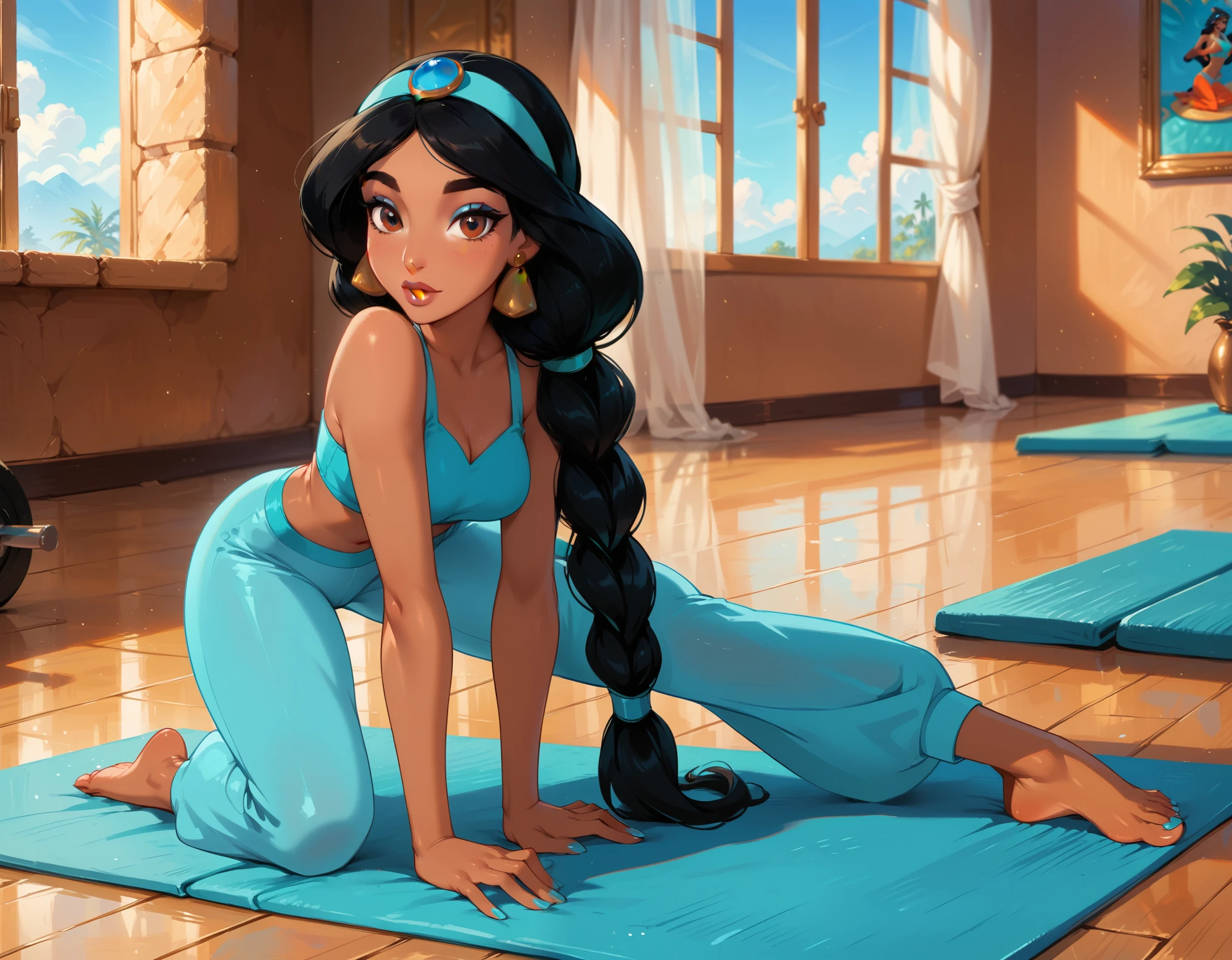 score_9, score_8_up, score_7_up, rating_questionable, epiCPhoto, 1girl, very sexy (Disney's Jasmine, ja_n, arabian woman, brown skin, black hair, brown eyes, thick braid, turquoise headband with sapphire, barefoot:1.1), beautiful waifu, yogapants, sky blue yoga pants, in gym, on yoga mat, long legs, thicc, solo, cute, flirt, gaze, sexy look, half-closed eyes, head tilt, filled lips, thick lips, makeup, modelling shoot, sexy pose, face down ass up pose.