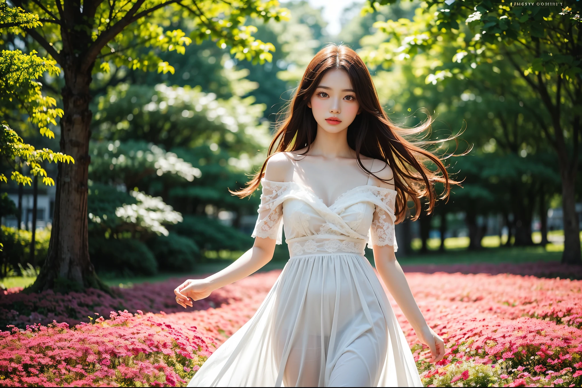 High quality, high resolution, real photos. Japanese beauty in her 20s, ethereal, (dreamy: 1.2), soft focus, floating in a flower field, wearing a white dress, long flowing hair, (breeze: 1.1), sunlight, golden hour, fantasy, depth of field, cinematic lighting, art station, concept art.