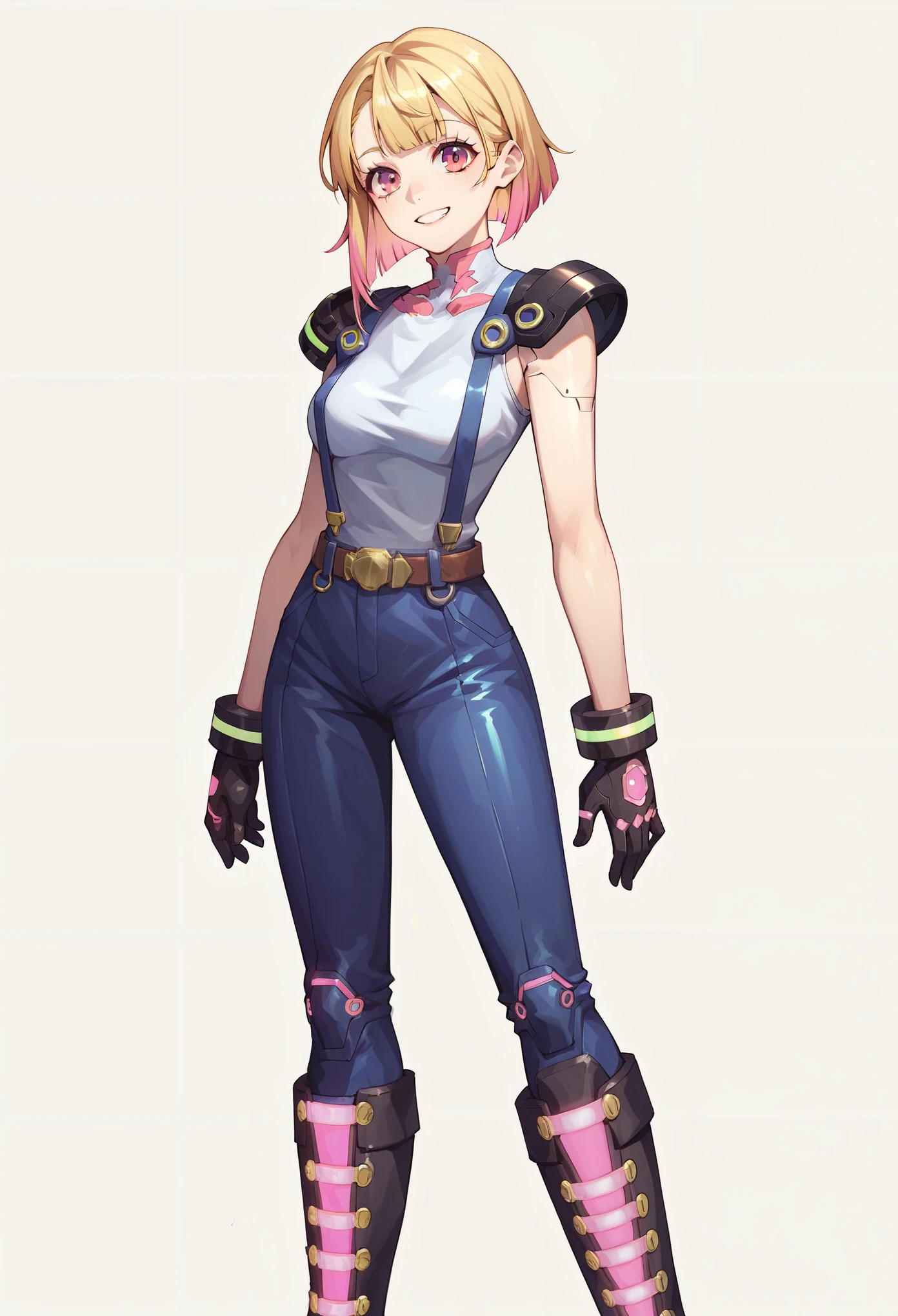 (masterpiece, best quality:1.2), pink glowing eyes, pink eyes, perfect face, blonde, gorgeous, strong make up, highres, 1 girl, solo, make up, (female:1.5), multcolored hair, shoulder eletronic armor,  sleeveless turtleneck, cute outfit, white shirt, eletronic forniture, suspenders, belt, gloves, bracer,  cute smile, standing, portrait, looking at viewer, cyberpunk forniture, long leather boots, fullbody shot, dinamic pose, cyberpunk backgrund, futuristic cyberpunk theme,